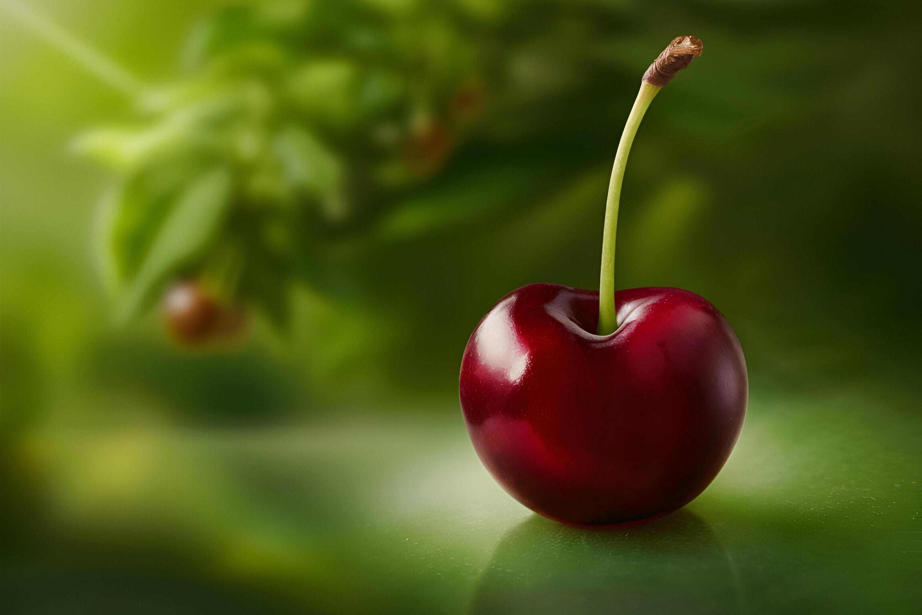 a single cherry on a green background Stock Free