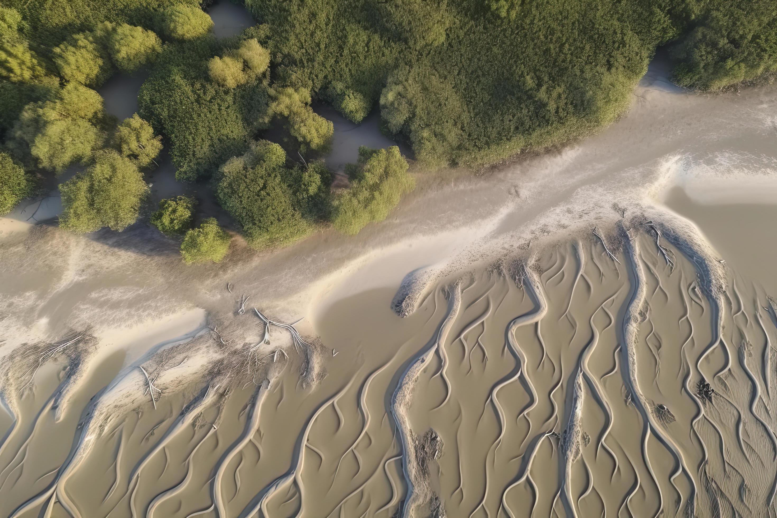 Aerial view of natural patterns in the sand at low tide near mangrove tree forest. Stock Free