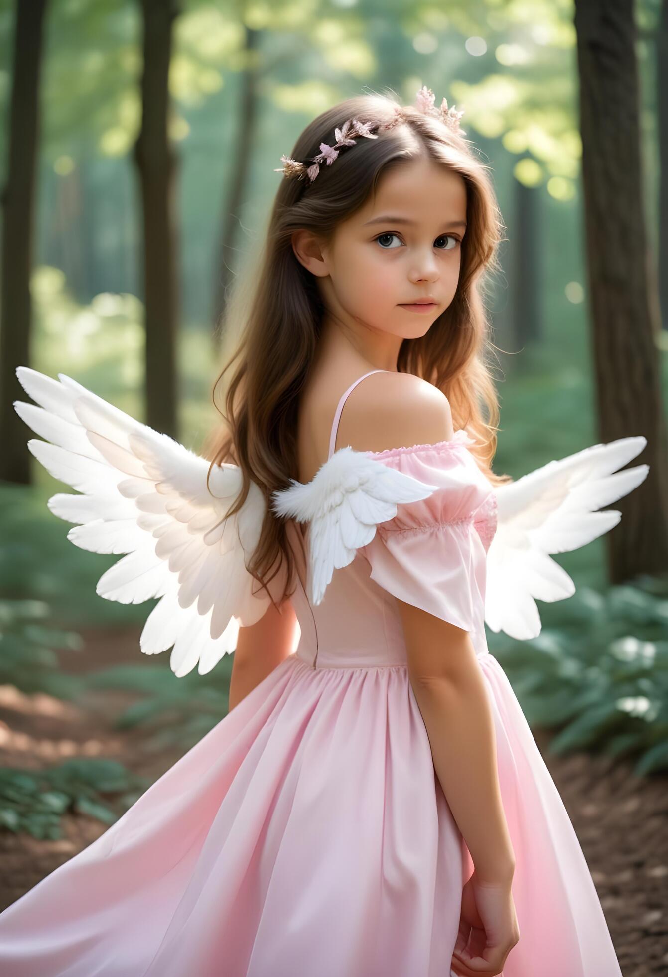 A beautiful young girl wearing a pink dress with angel wings in forest background Stock Free