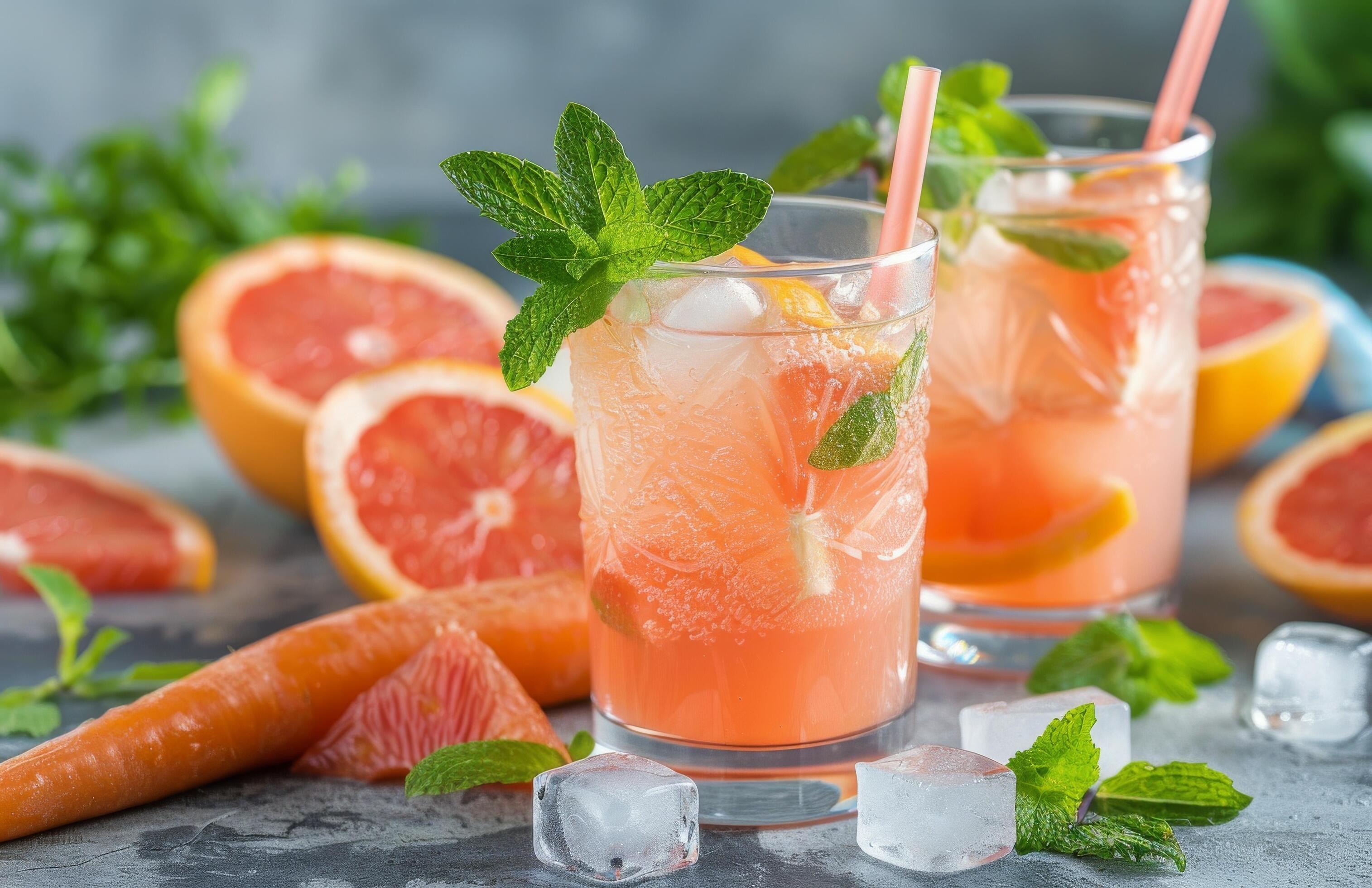 Refreshing Grapefruit and Carrot Juice With Mint and Ice on a Dark Background Stock Free