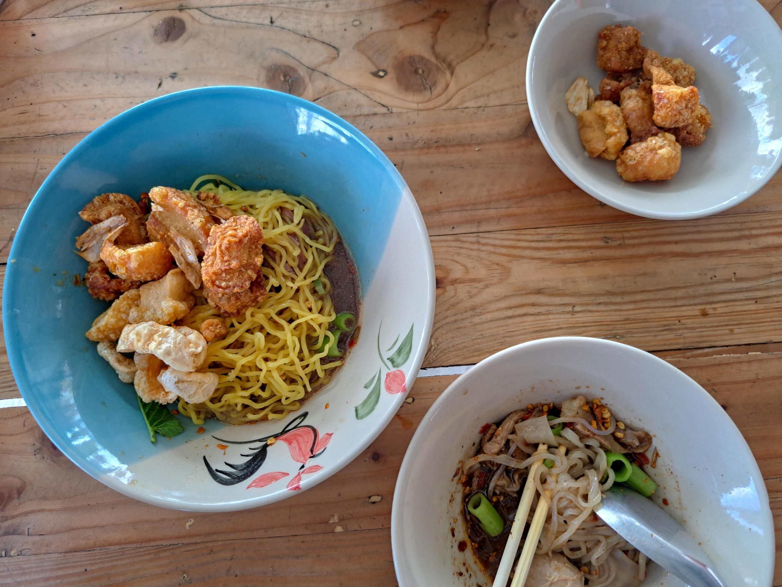 Street Food In Thailand, Noodles sprinkled with fried pork skin Stock Free