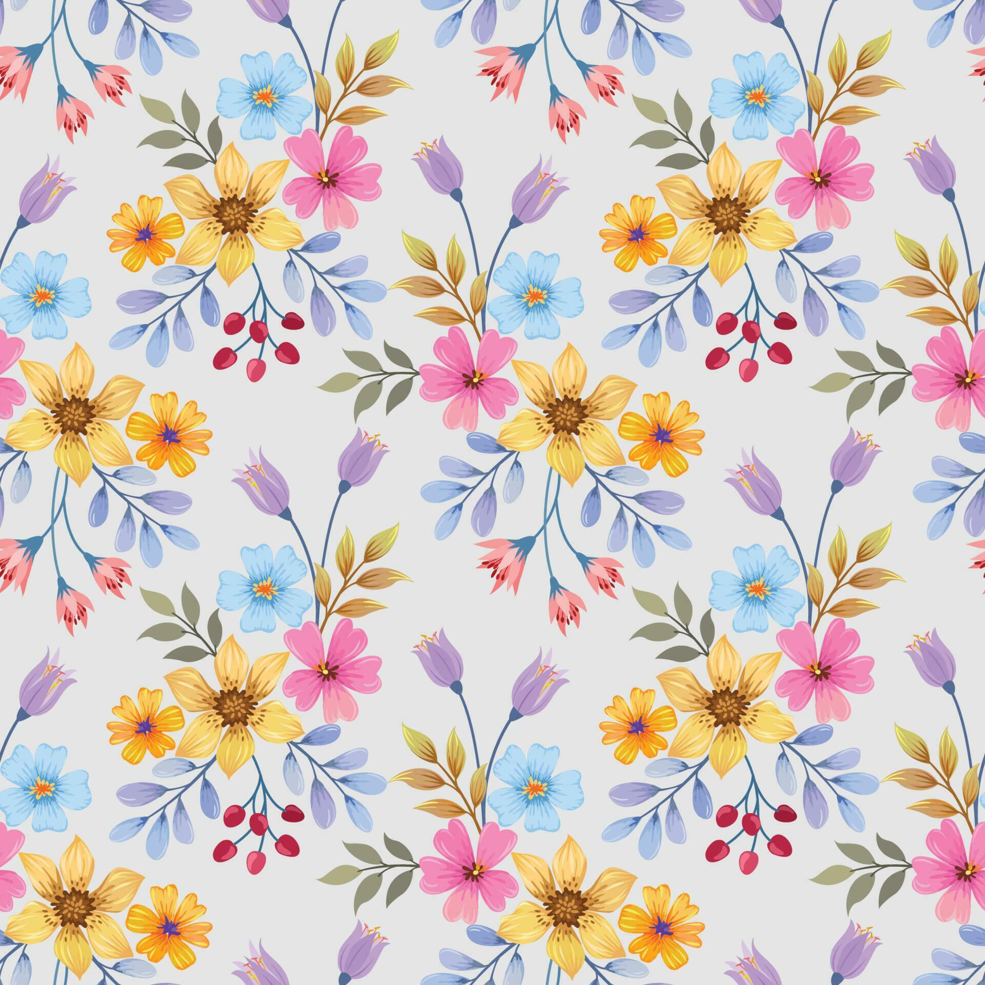 Colorful hand draw flowers seamless pattern. Stock Free