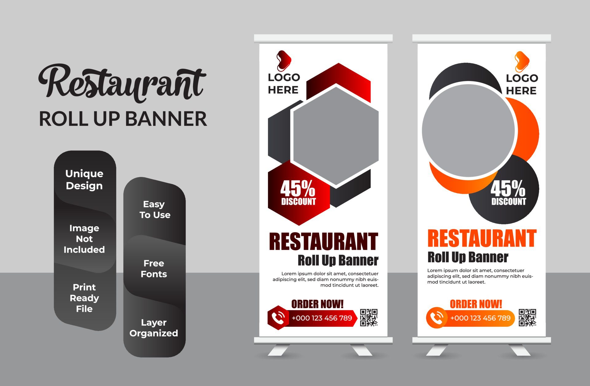 Roll up banner design print template set Free Vector