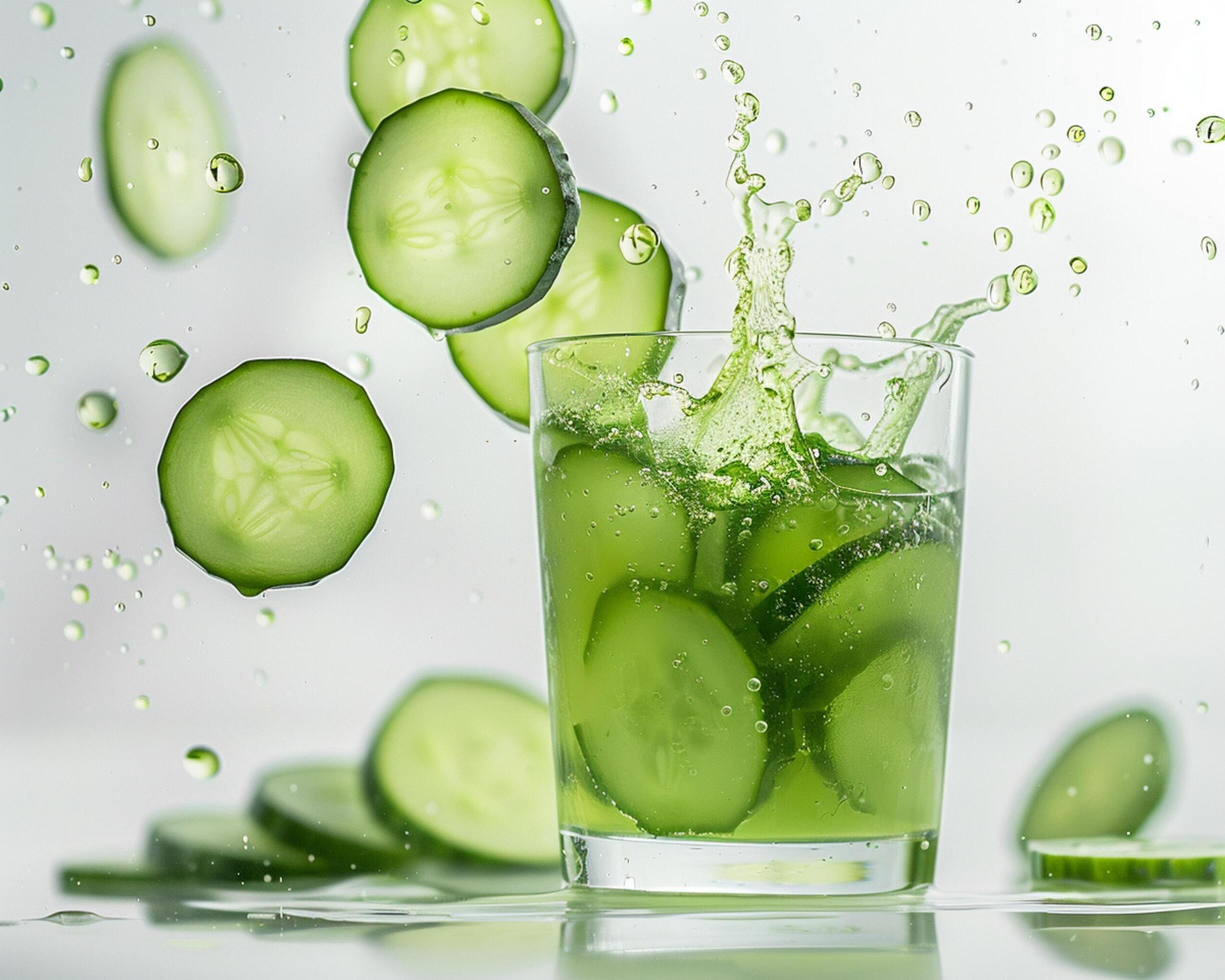 a glass of cucumber water with slices of cucumber Stock Free