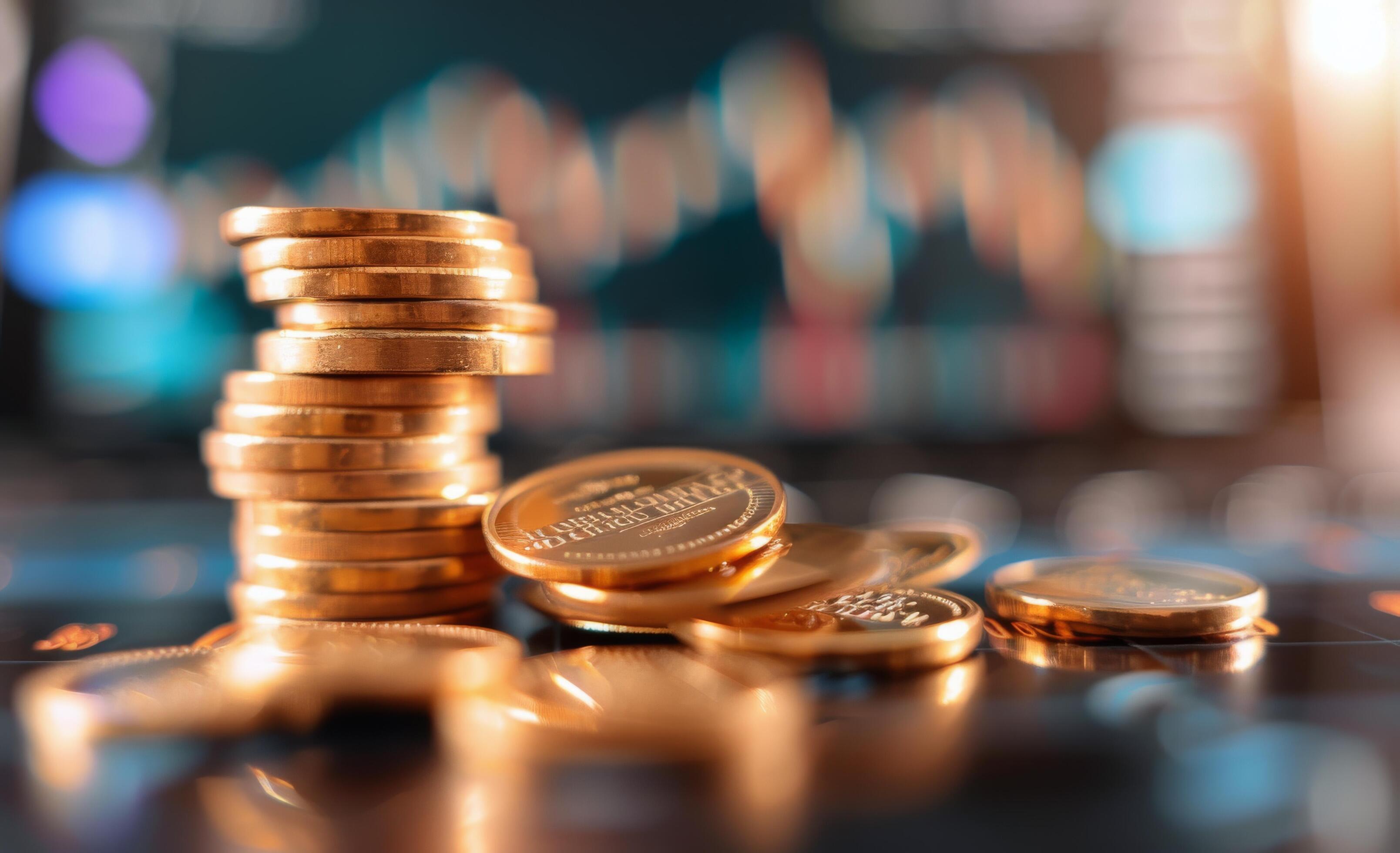 Stacked Gold Coins on Dark Background With Financial Graph in Soft Focus Stock Free