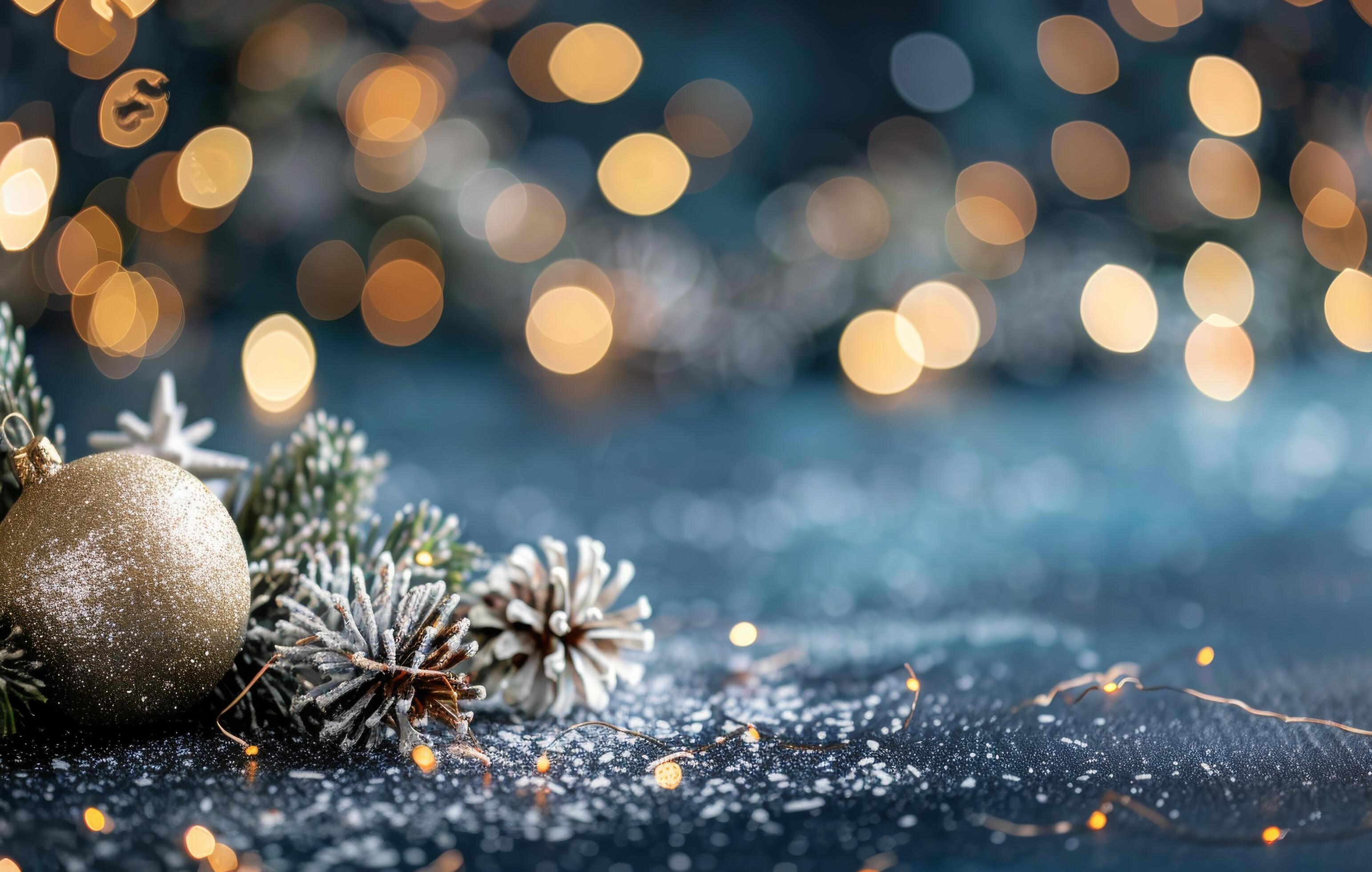 Pine Branch and Ornaments on Blue Background Stock Free