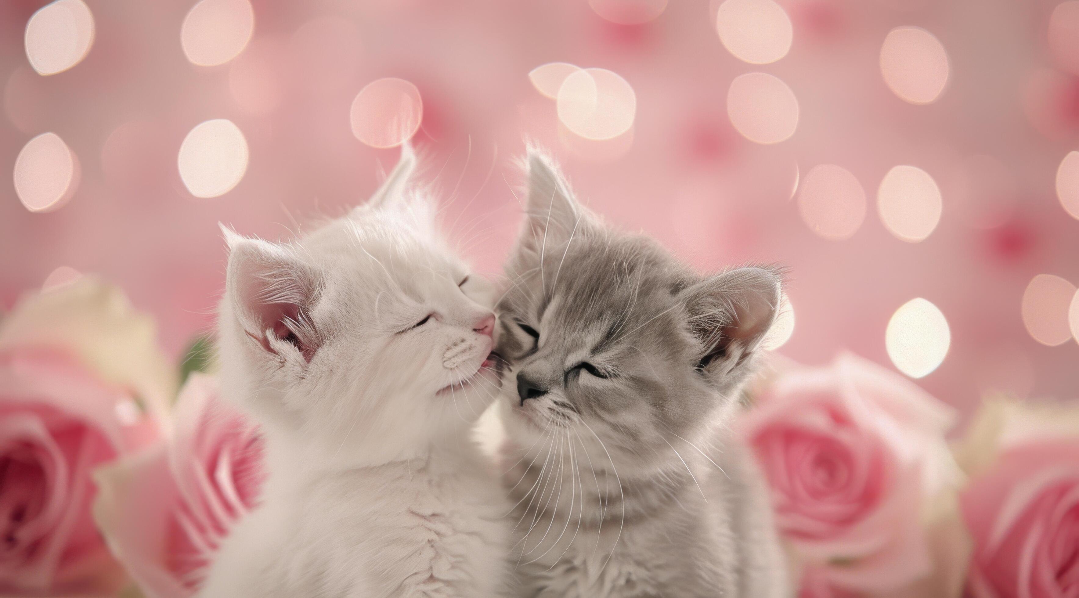 Two Adorable Kittens Snuggling Among Roses With Soft Pink Background Stock Free