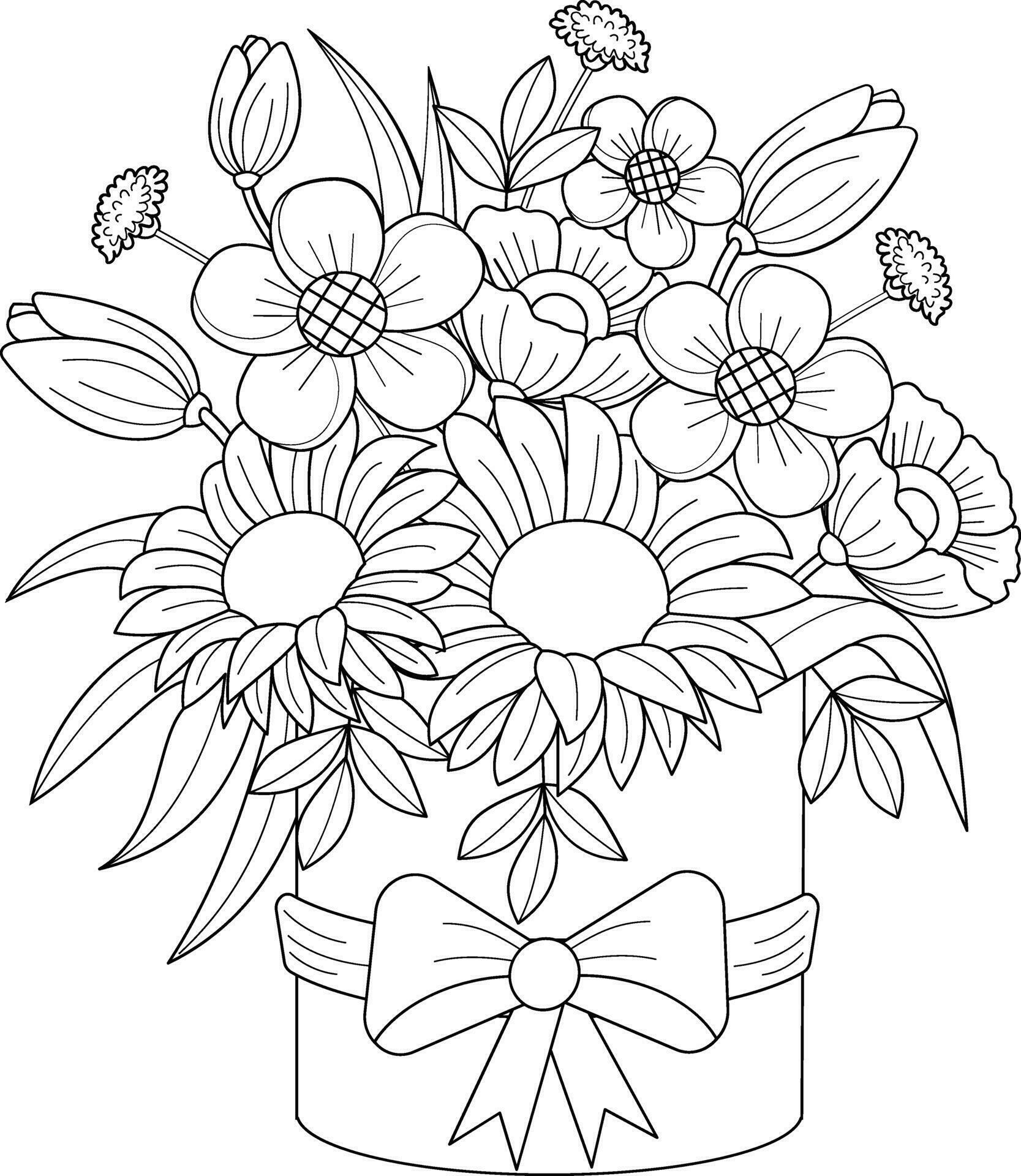 Bouquet of flowers in a gift box. Hand drawn vector illustration. Stock Free