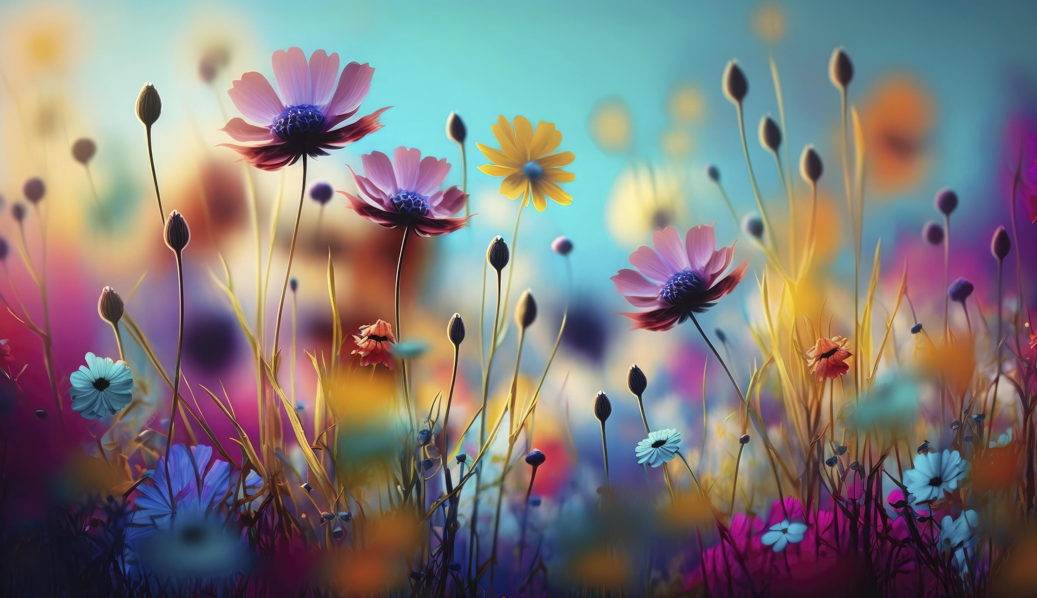 Colorful abstract flower meadow as panorama background. . Stock Free