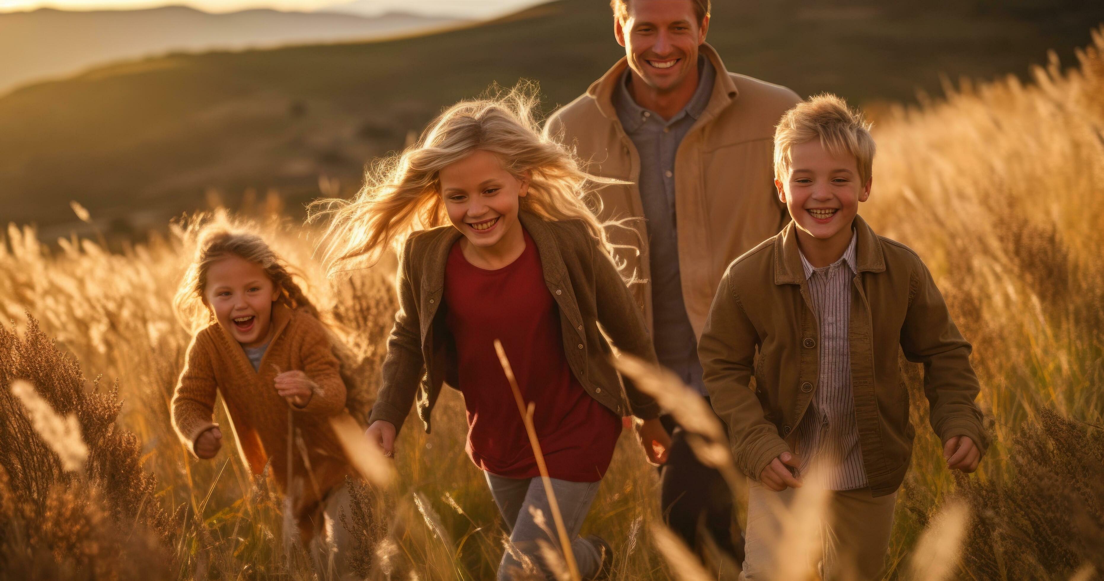 Happy family in running in summer field Stock Free