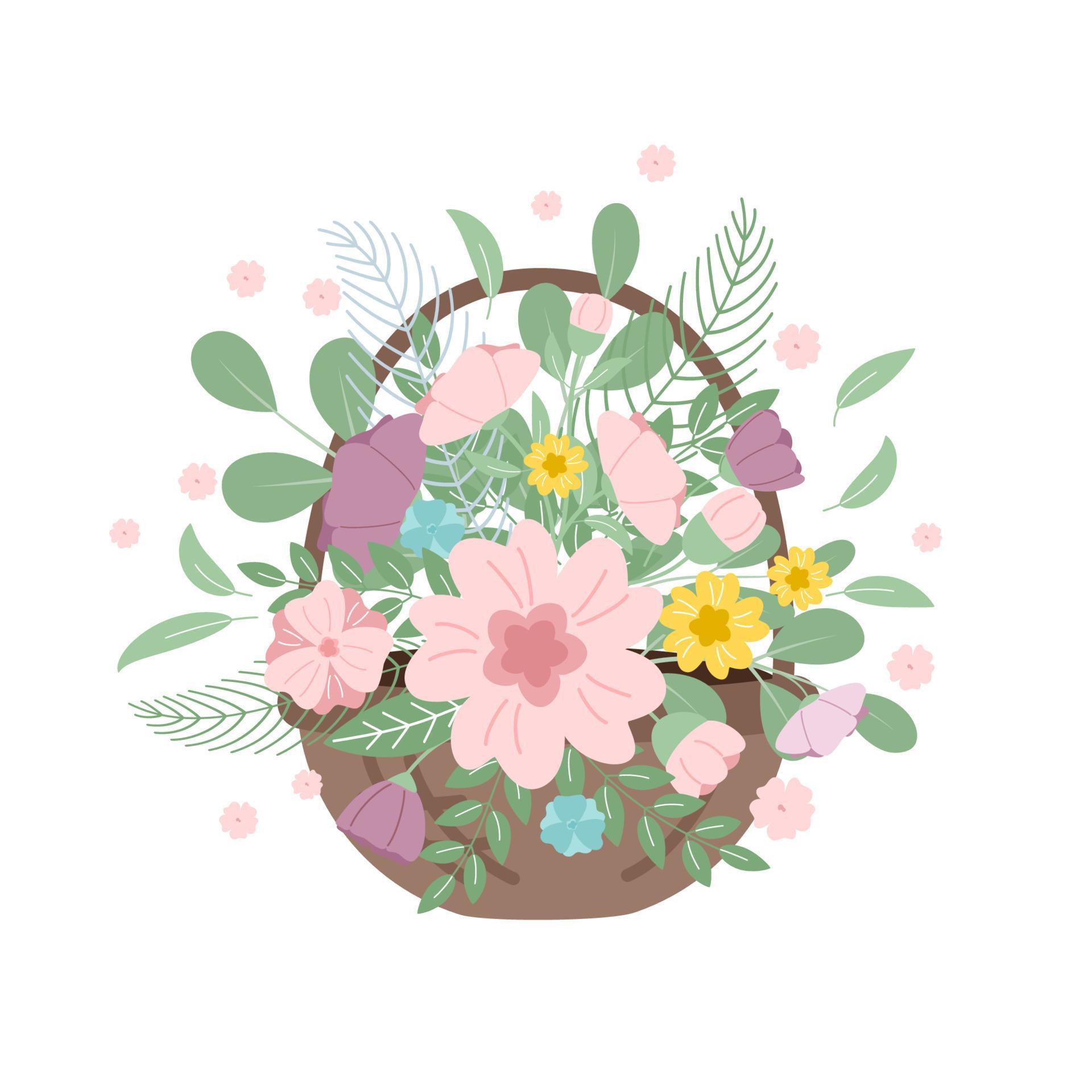 Flowers in a basket. Gift concept, spring, joy.Vector illustration for your design. Stock Free