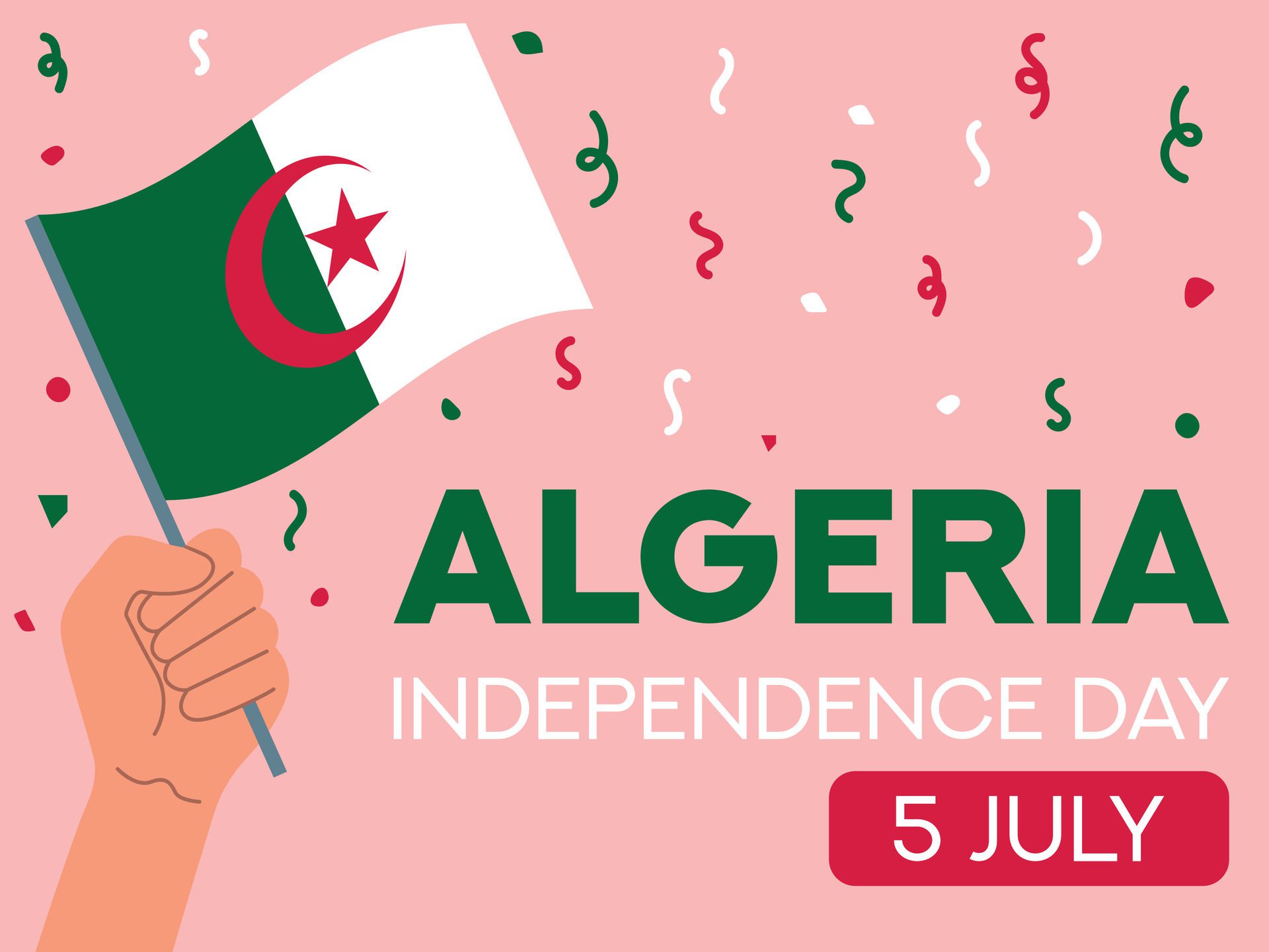 algeria independence day 5 July. algeria flag in hand. Greeting card, poster, banner template Free Vector