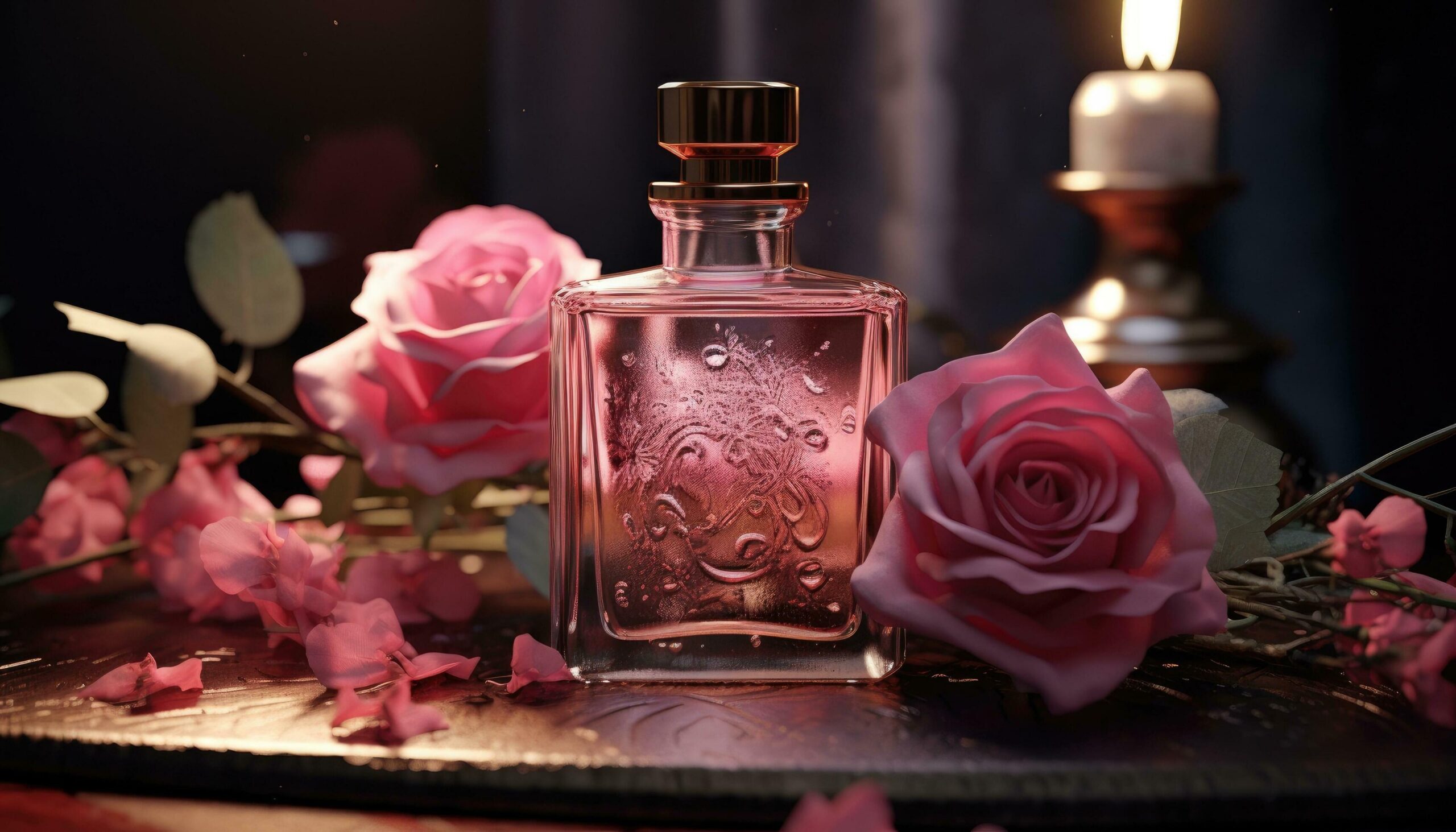 a bottle of cologne with rose flowers and dust Free Photo