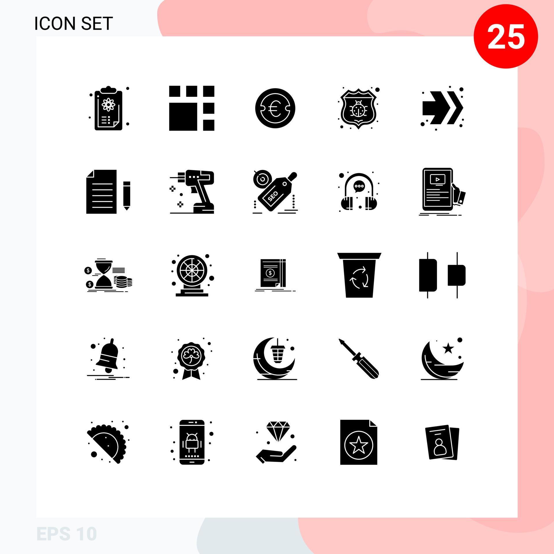 Universal Icon Symbols Group of 25 Modern Solid Glyphs of arrows protect coin bug money Editable Vector Design Elements Stock Free