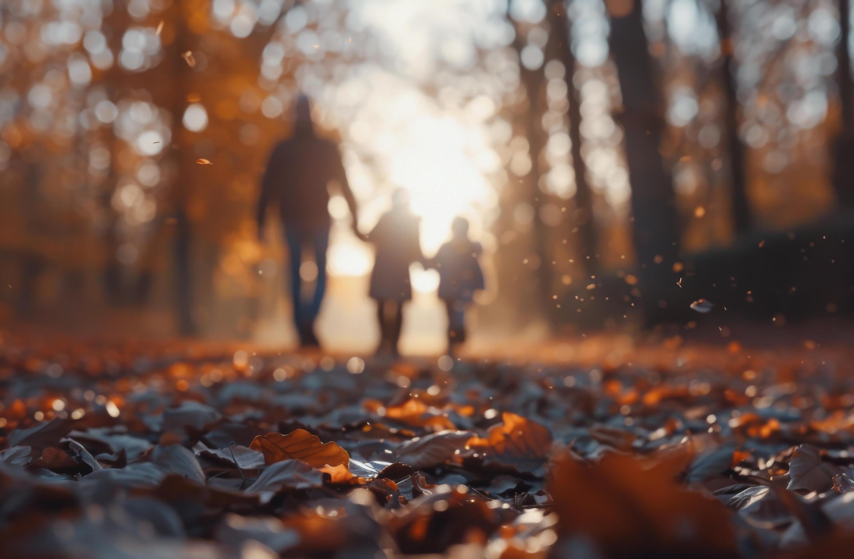 Family Walk During Autumn Sunset in a Leaf-Covered Trail Stock Free