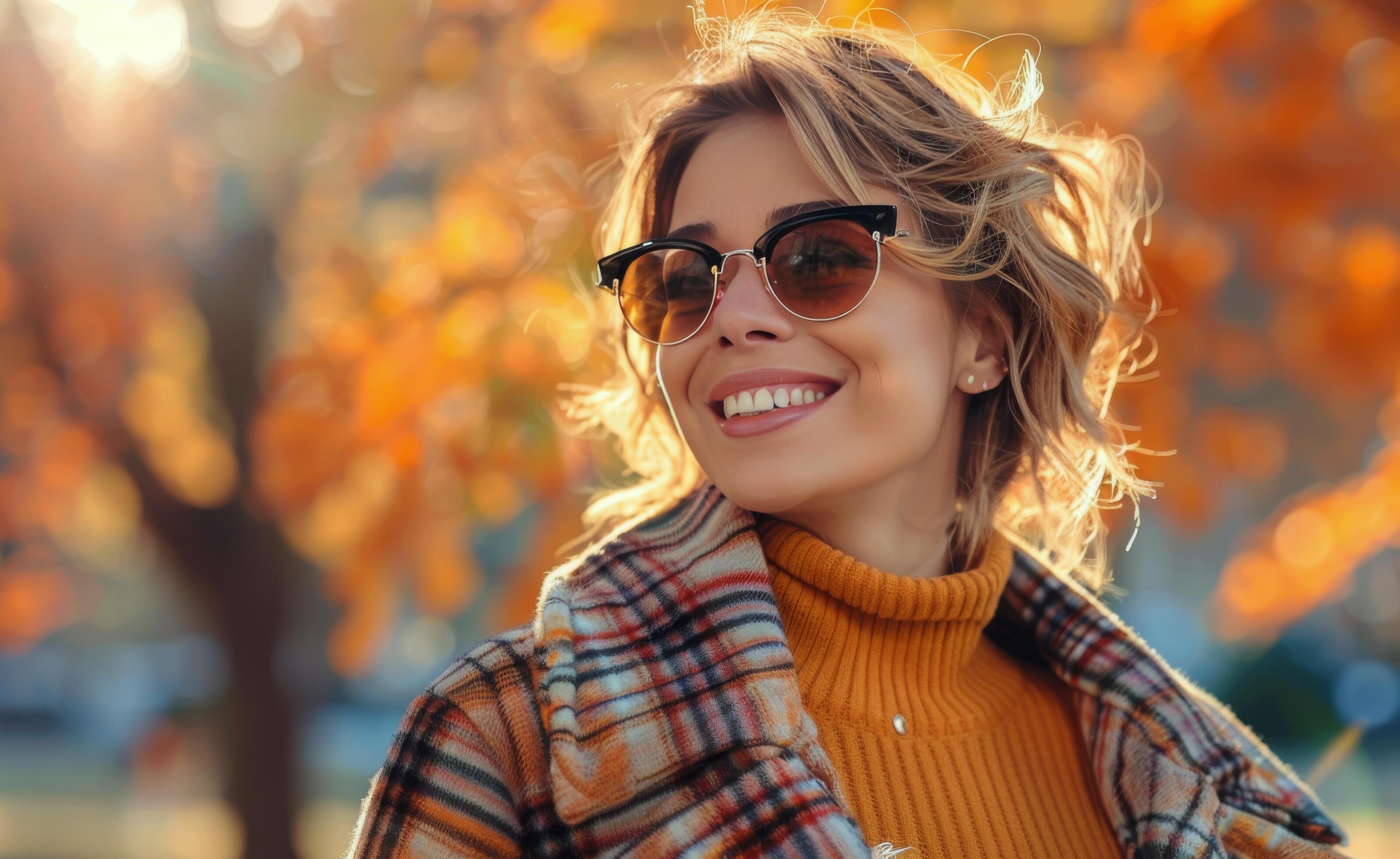 Woman Smiling in Fall With Sunglasses and Plaid Coat Stock Free