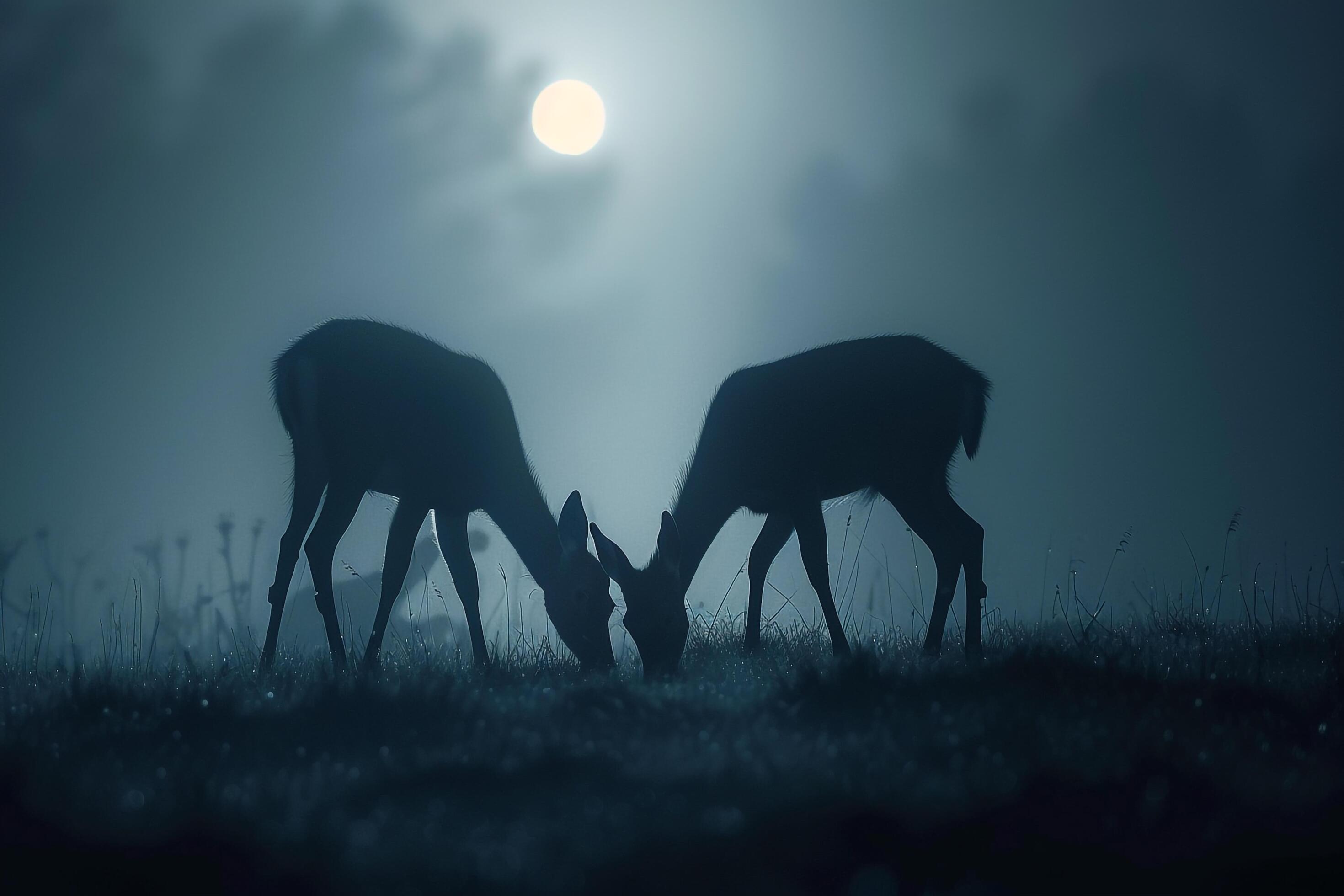 Moonlight Filtering Through Mist Casting Silver Glow on Family of Deer Grazing in Meadow Background in Nature Stock Free