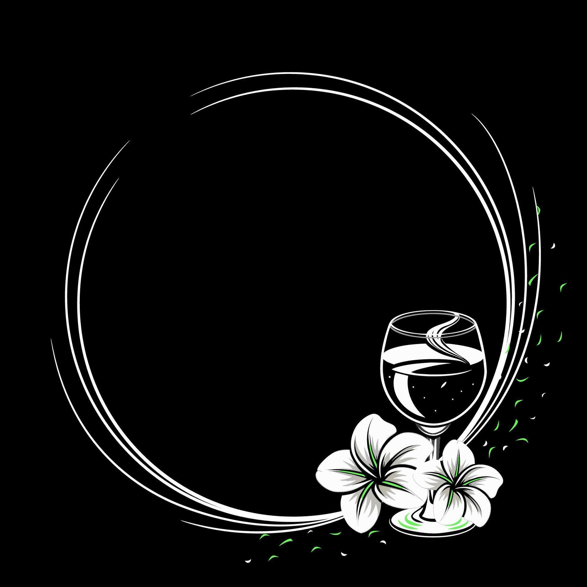 Postcard with glass and flower. Round card design. illustration on a black background. Stock Free