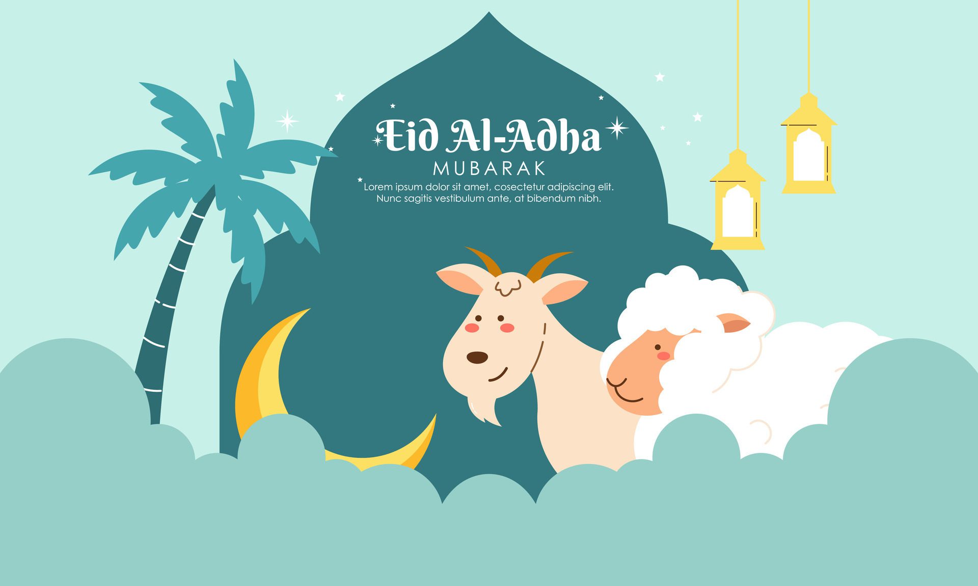 Happy Holy Eid Al Adha Mubarak Cute Banner Cartoon Doodle Illustration Free Vector