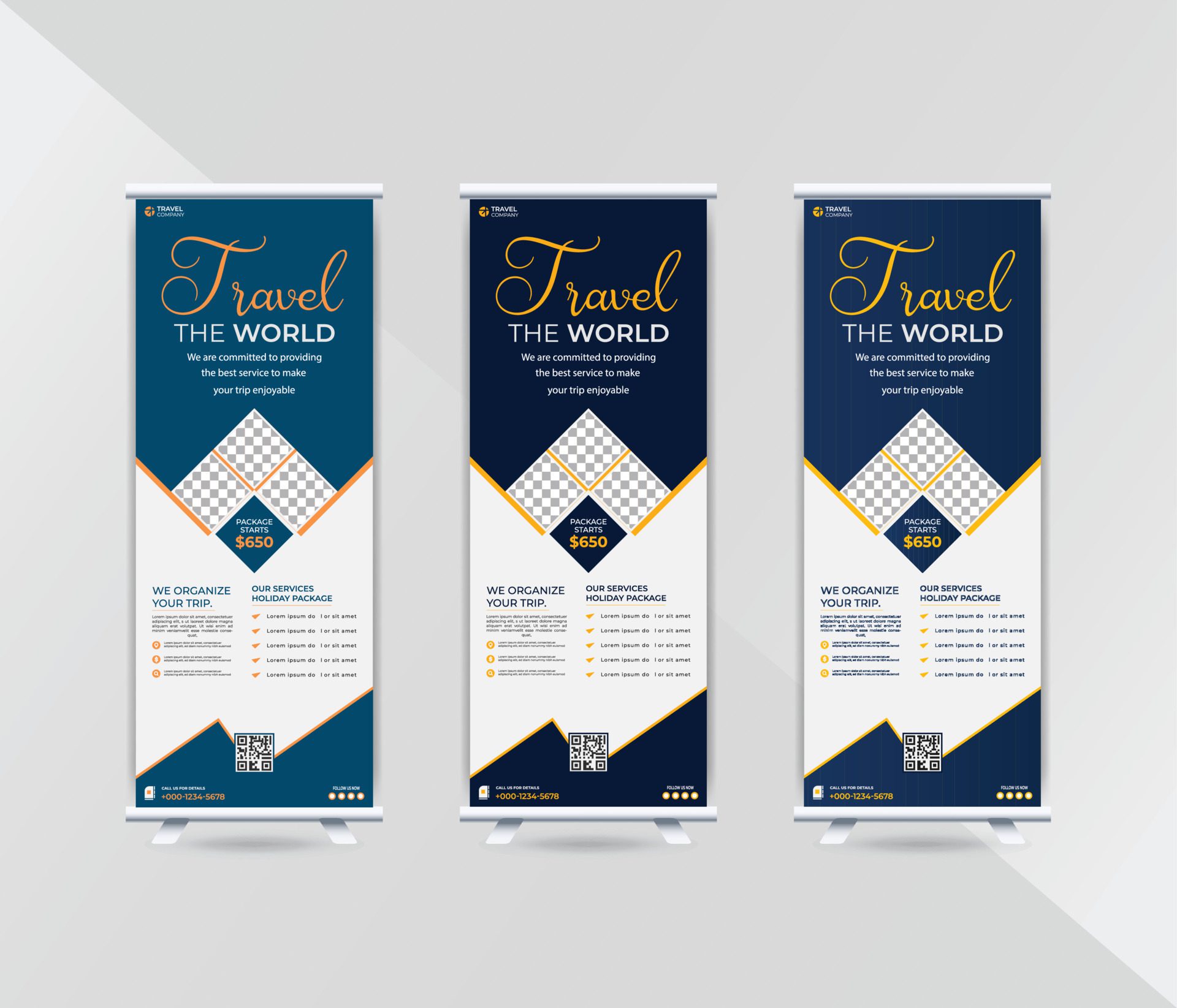 Creative travel and tourism roll up banner template design Free Vector