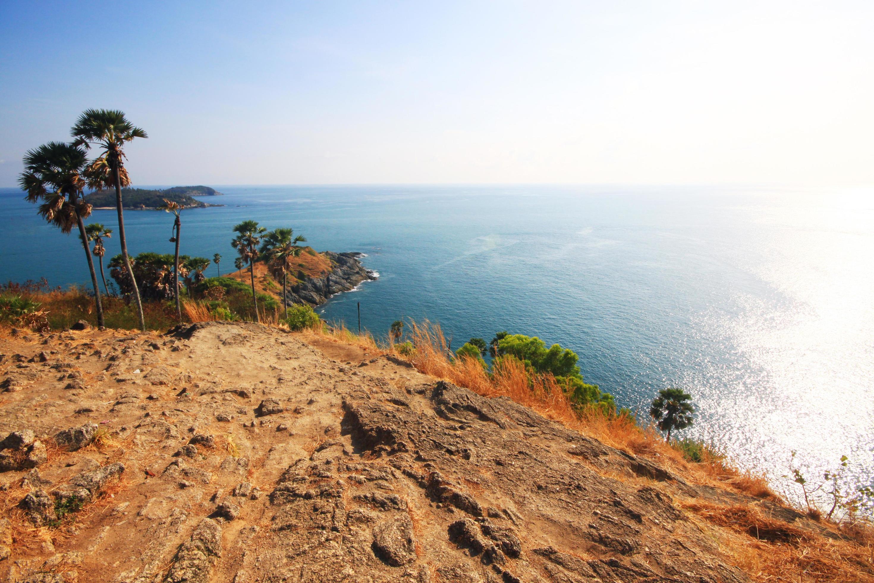 Beautiful seascape with sky twilight of sunset and Palm tree with Dry grass field on mountain of Phrom Thep Cape in Phuket island, Thailand. Stock Free