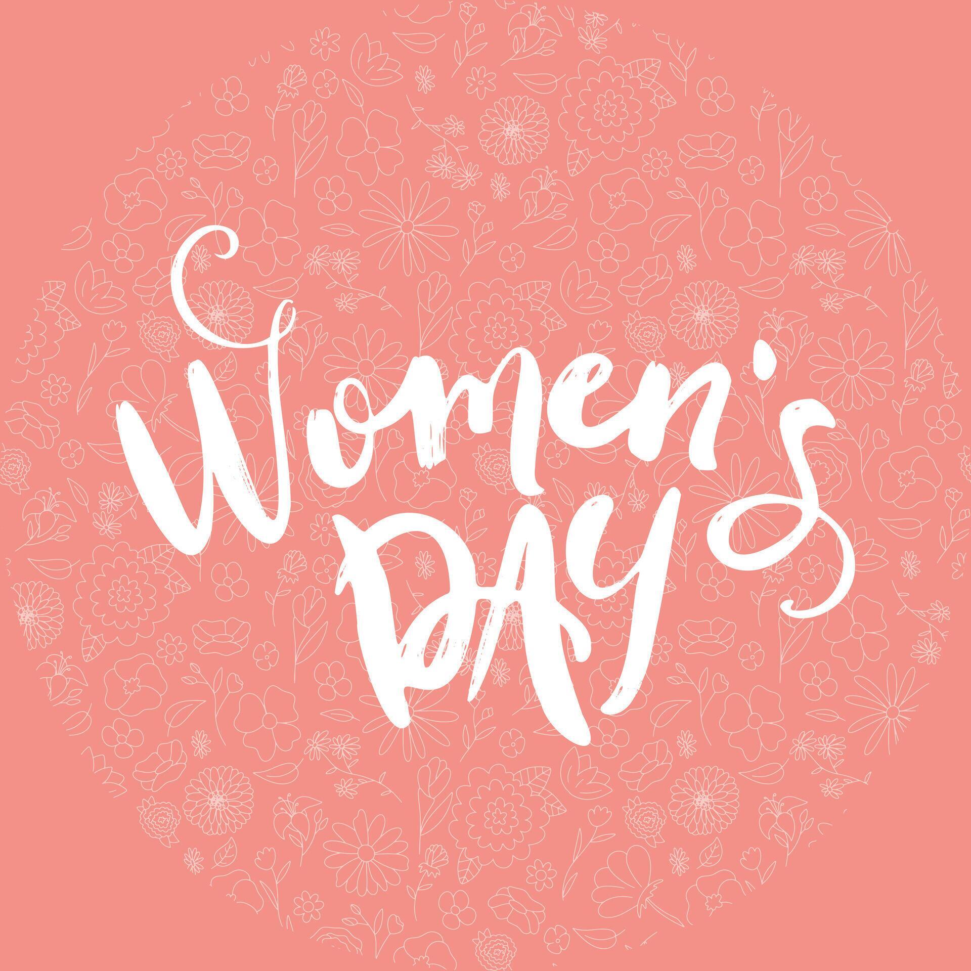 Happy womens Day lettering on pink background. Handmade calligraphy vector illustration. women’s day card with flowers Stock Free