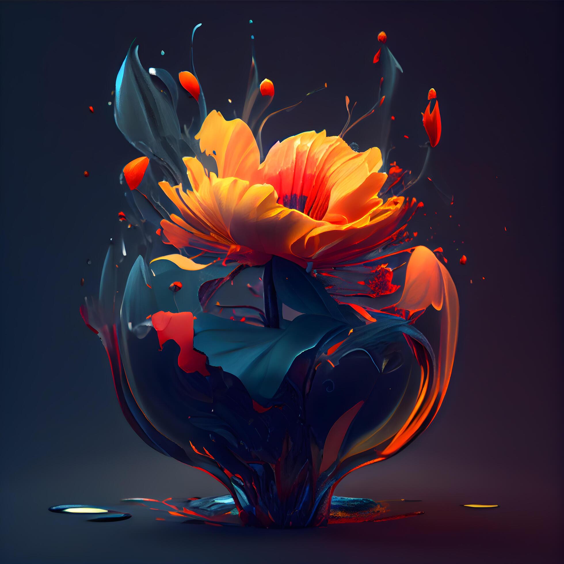 3d render of abstract flower in watercolor paint splashing on dark background, Image Stock Free