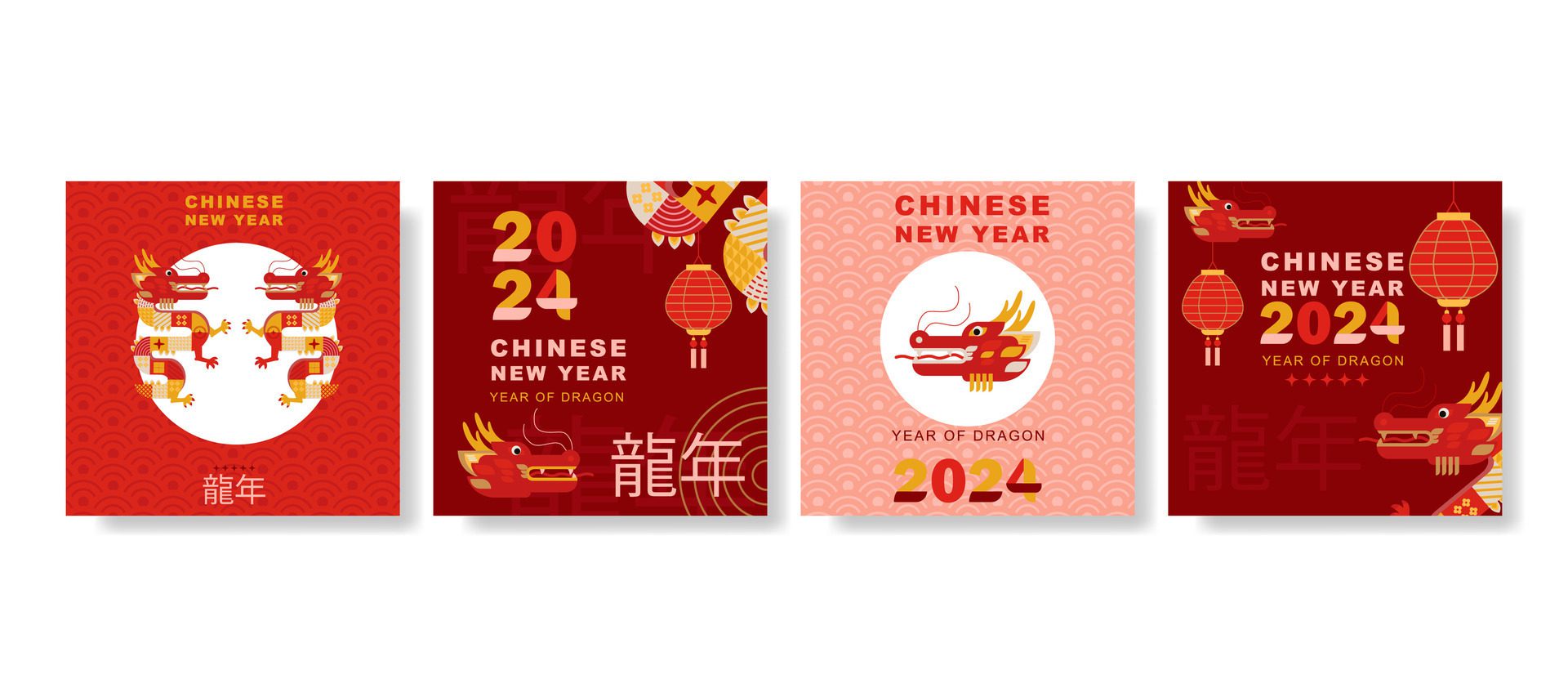 modern art Chinese New Year 2024 design set for social media post, cover, card, poster, banner. Free Vector