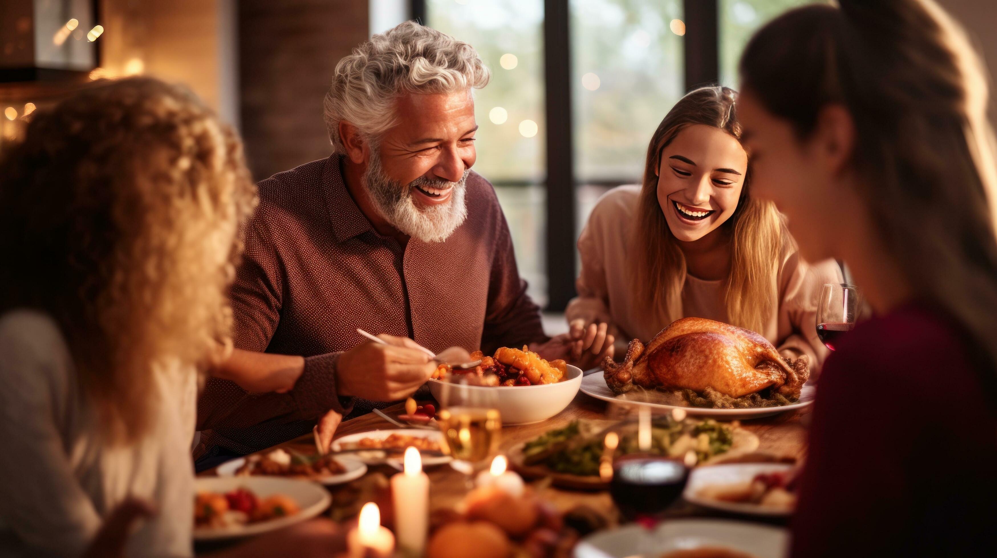 Happy family at Thanksgiving dinner Stock Free