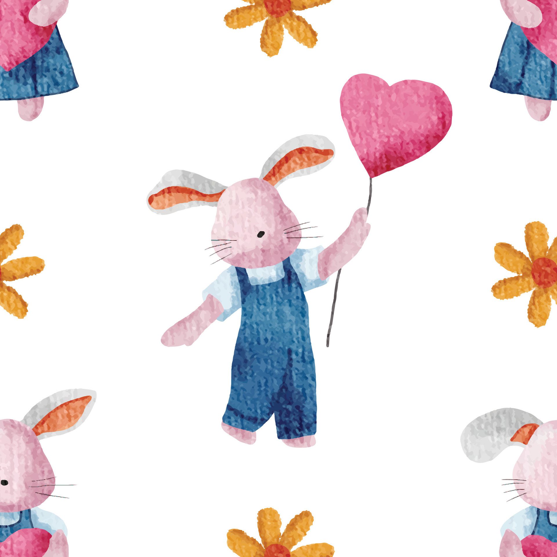 Cute Love Bunny Watercolor Seamless Pattern Free Vector