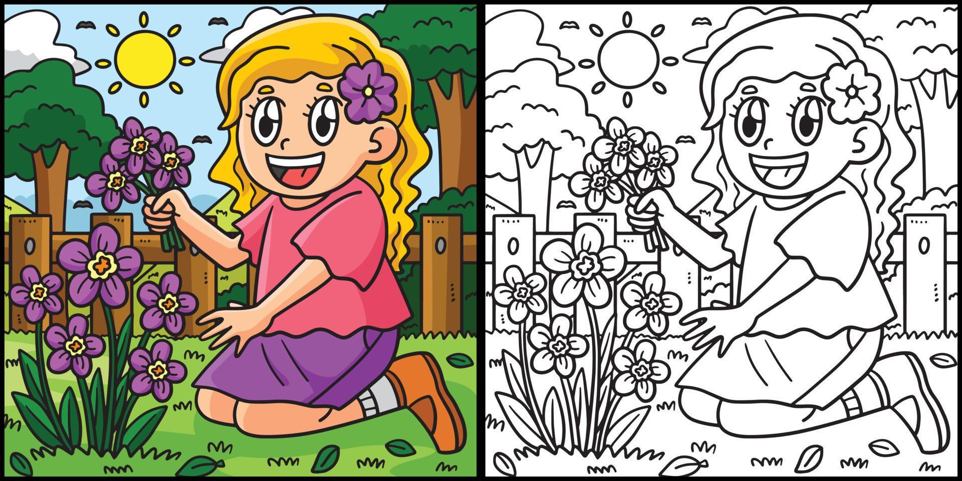 Spring Girl Picking Flowers Coloring Illustration Stock Free