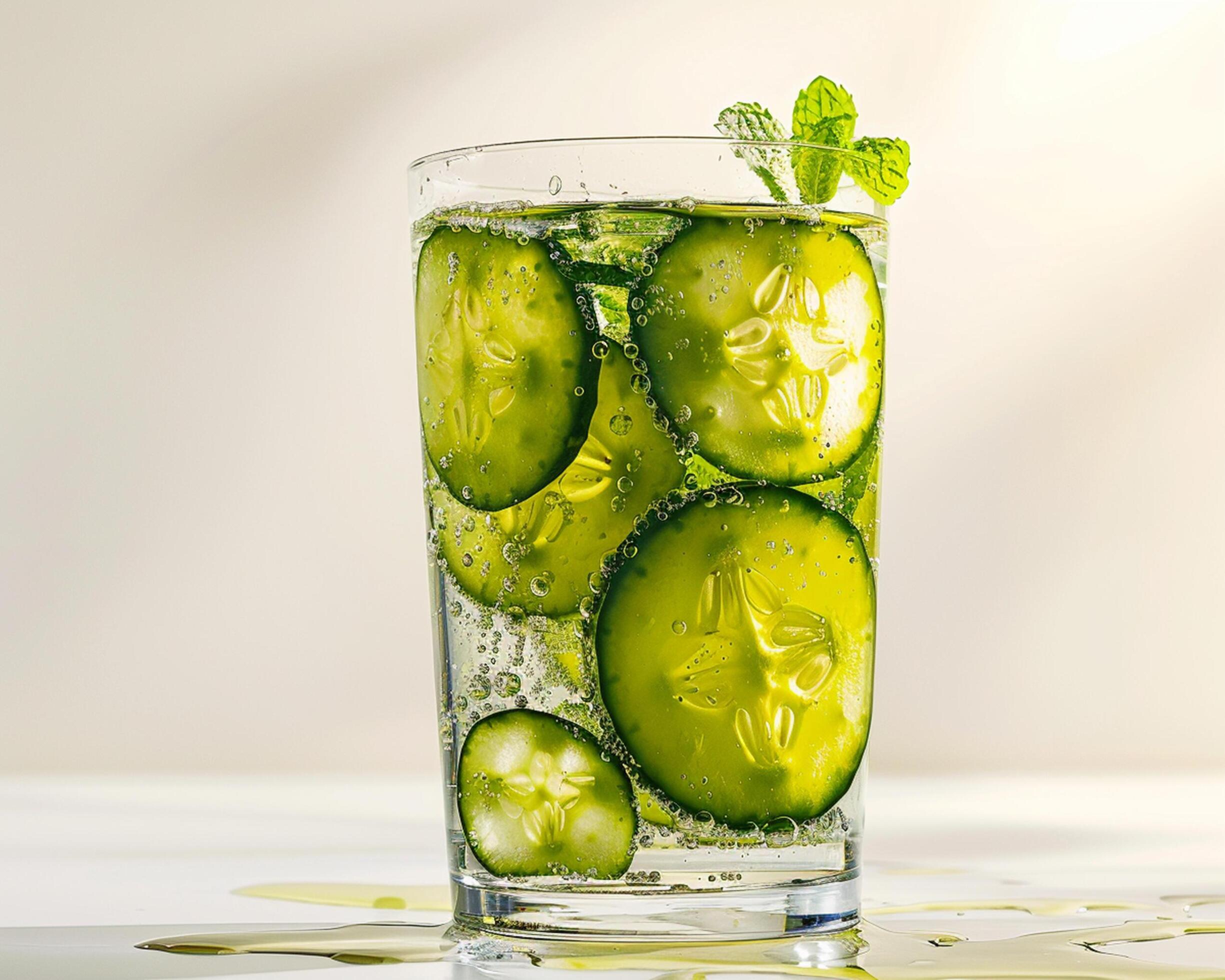 a glass of water with cucumber slices and mint leaves Stock Free