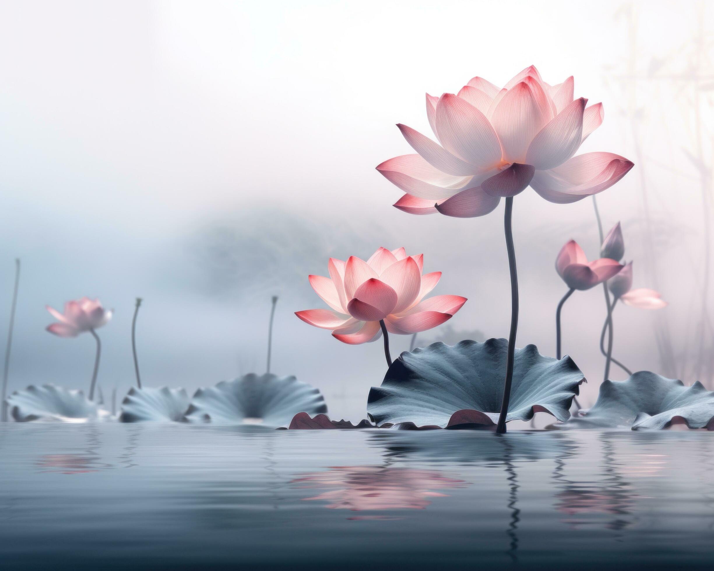 pink lotus flower floating on water on the blue background Free Photo