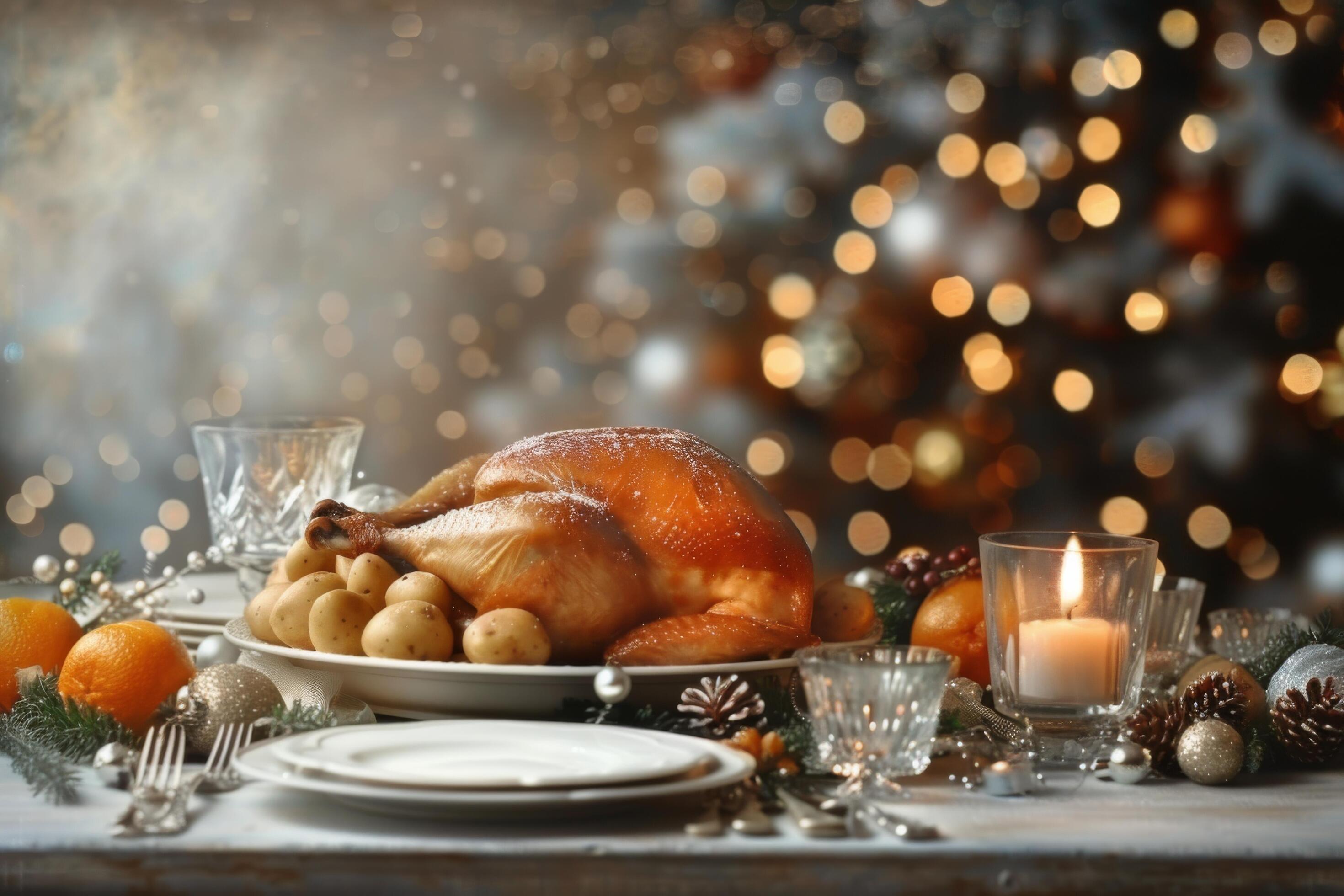 Roasted Turkey Centerpiece on Festive Table With Holiday Decorations and Twinkling Lights Stock Free