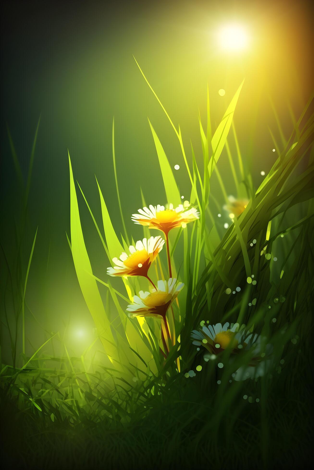 evening flowers and green grass created by technology Stock Free