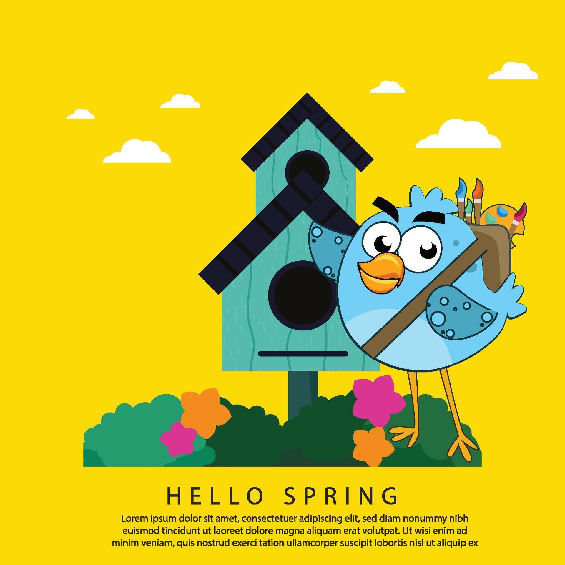 vector square design bird house with beautiful blooming flowers. hello spring art background Stock Free