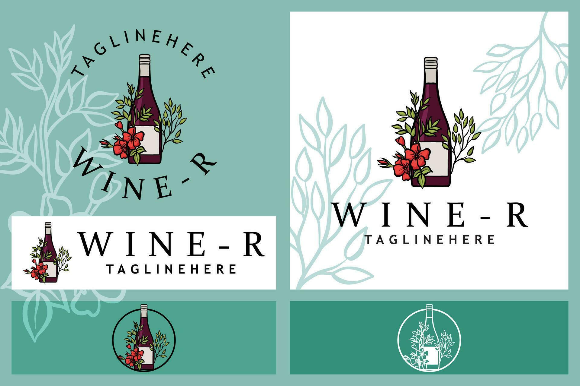 Vector illustration set of alcohol bottles combination of flowers and glasses, wine logo Stock Free