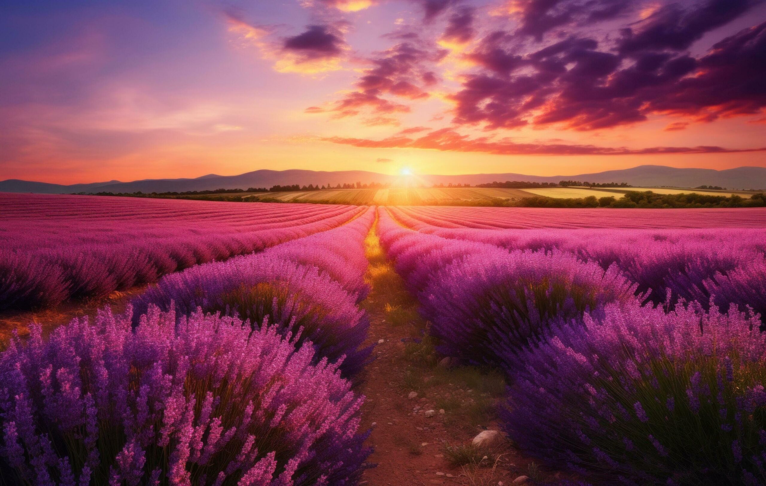 sunrise sun over lavender field in summer, Free Photo