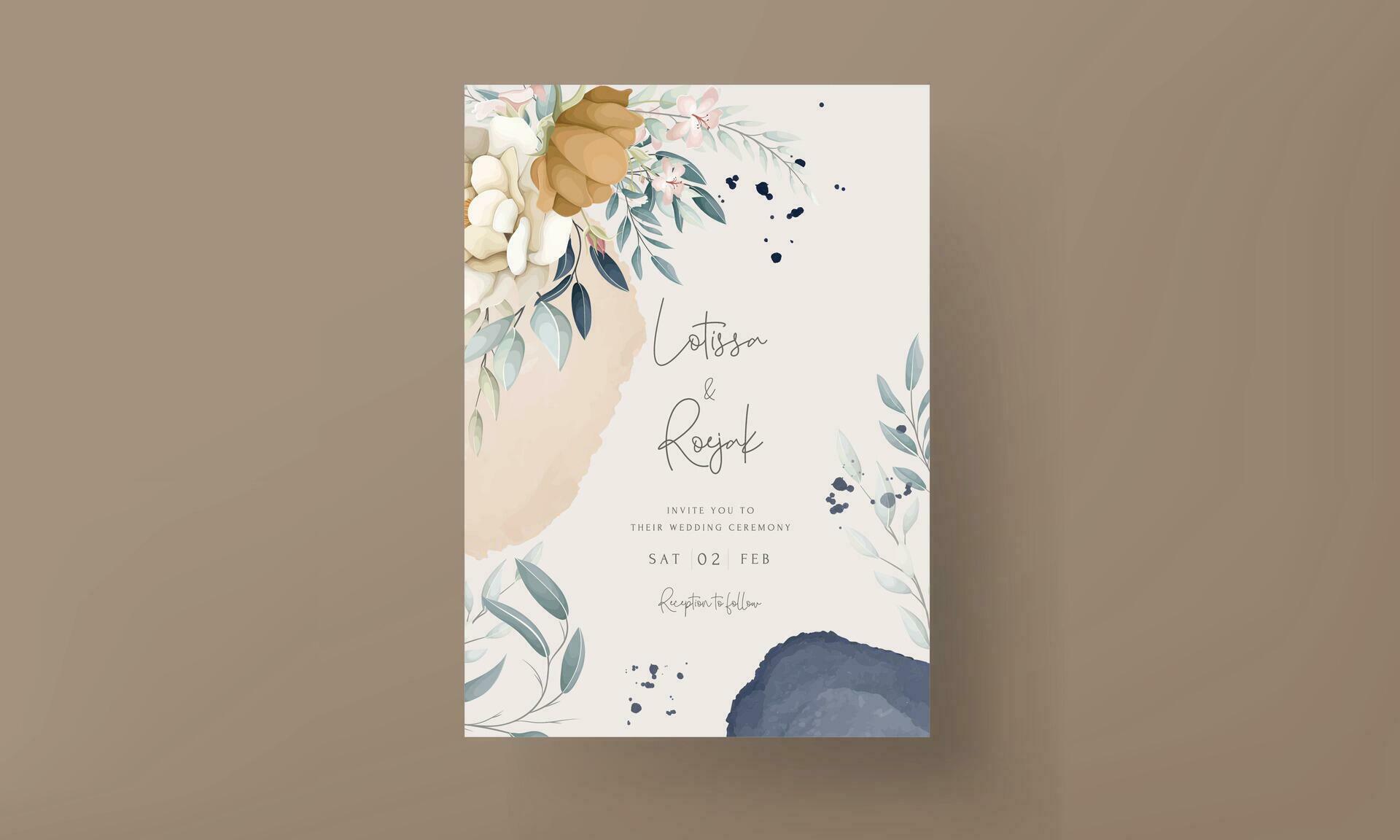 Illustration of a wedding invitation watercolor flower bouquet set branches brown leaves red flowers Stock Free