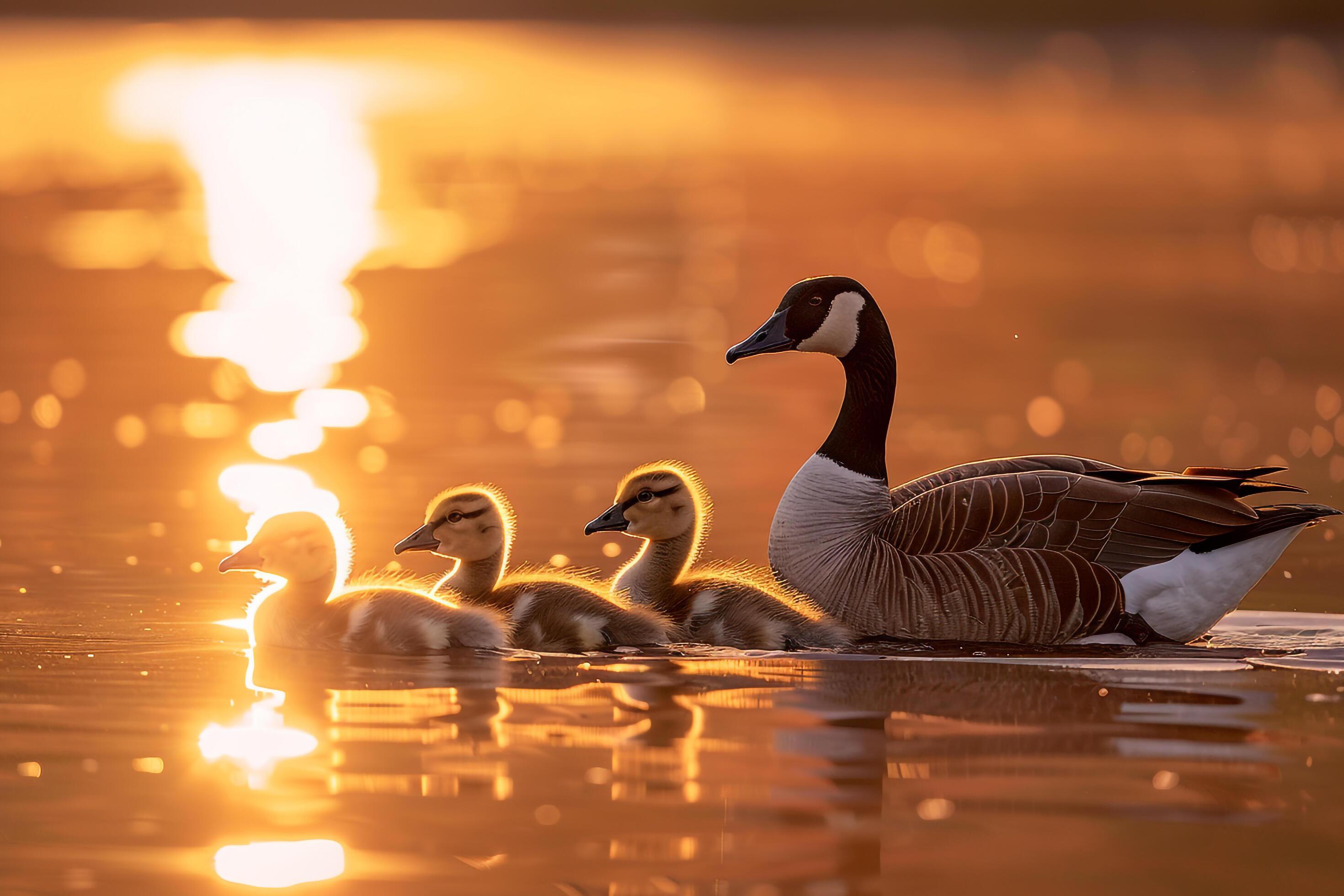 Canada Goose Family Gliding on Lake Surface Nature Background Stock Free