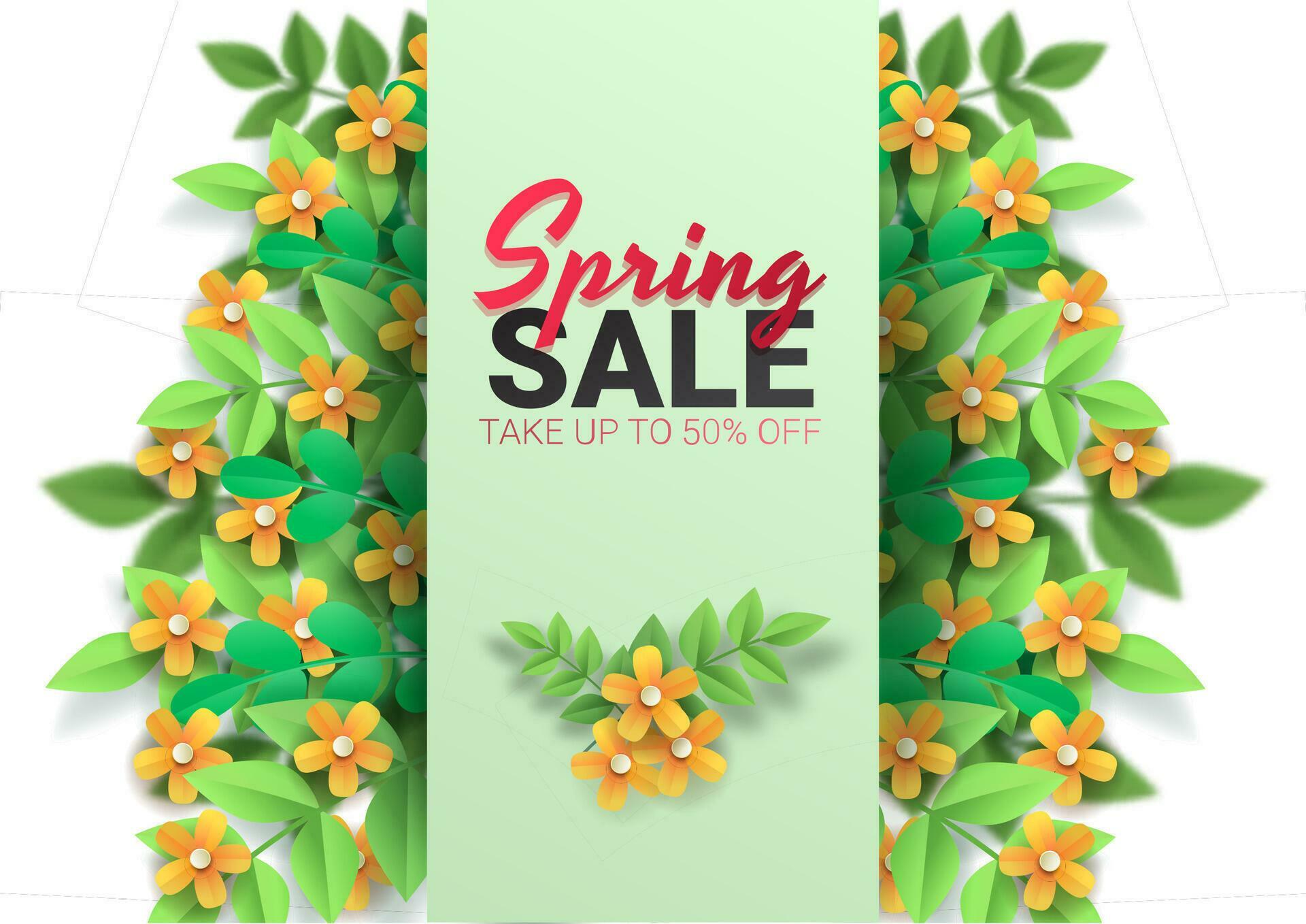 Hello Spring, floral greeting card, paper flowers. Banner with realistic paper flowers. Vector illustration Stock Free