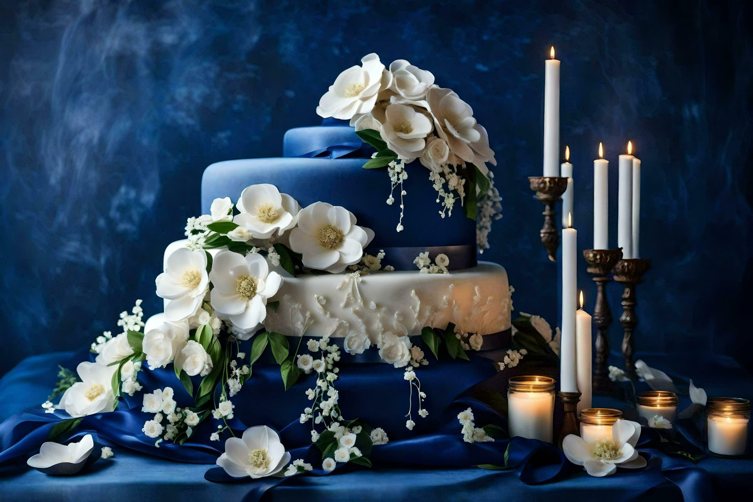 a blue wedding cake with white flowers and candles Free Photo