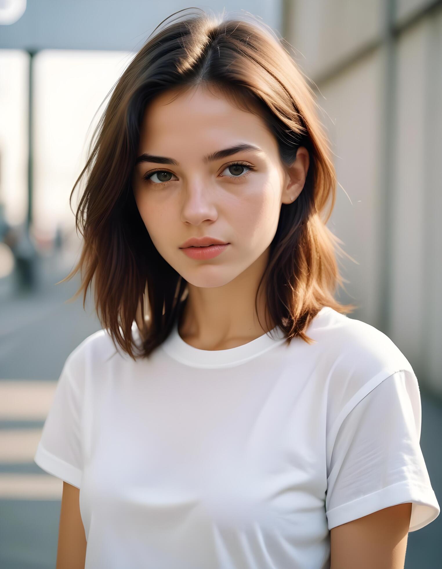 Portrait of a beautiful young woman in white t-shirt Stock Free