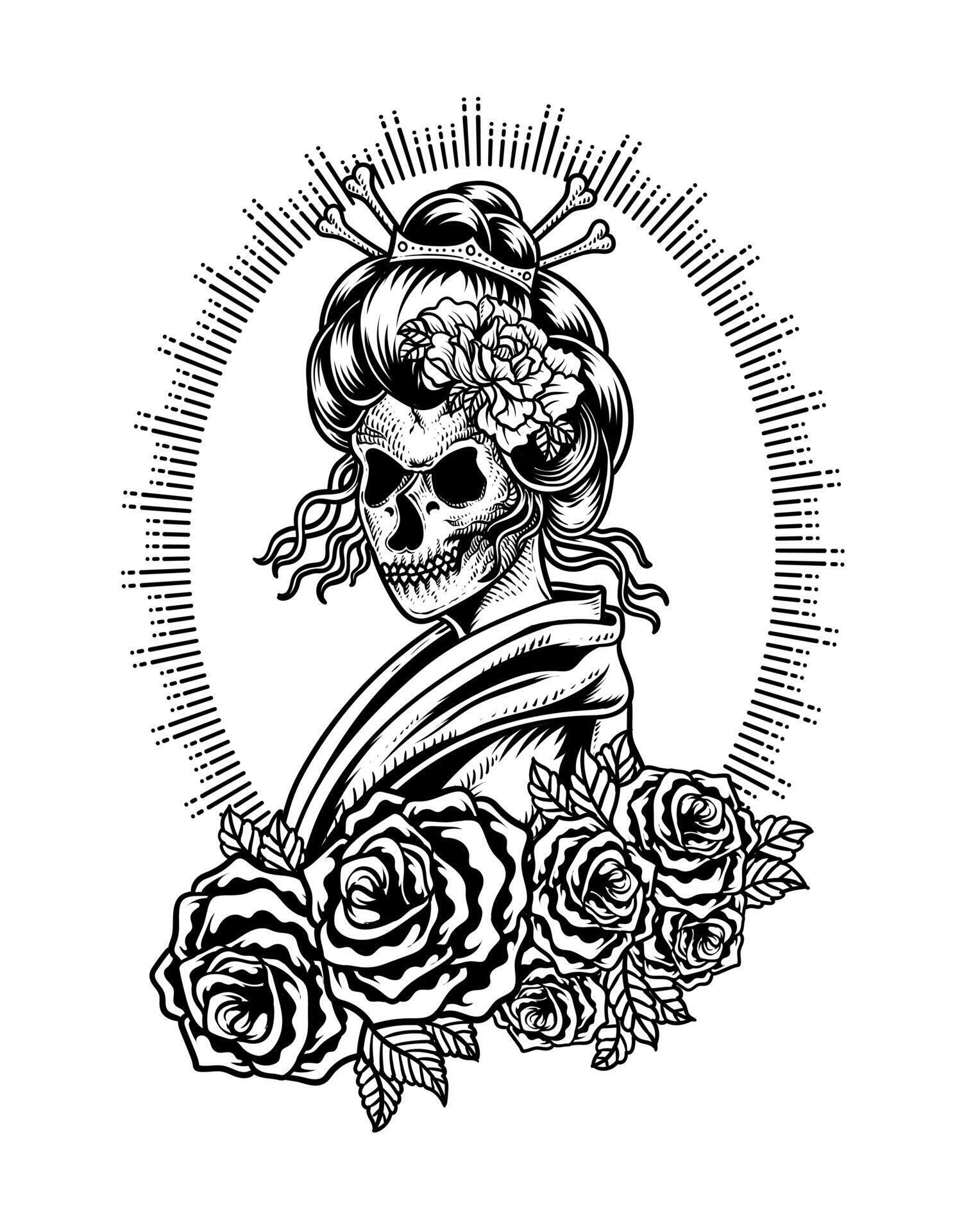 Illustration vector geisha skull with rose flowers, Tattoo design. Stock Free