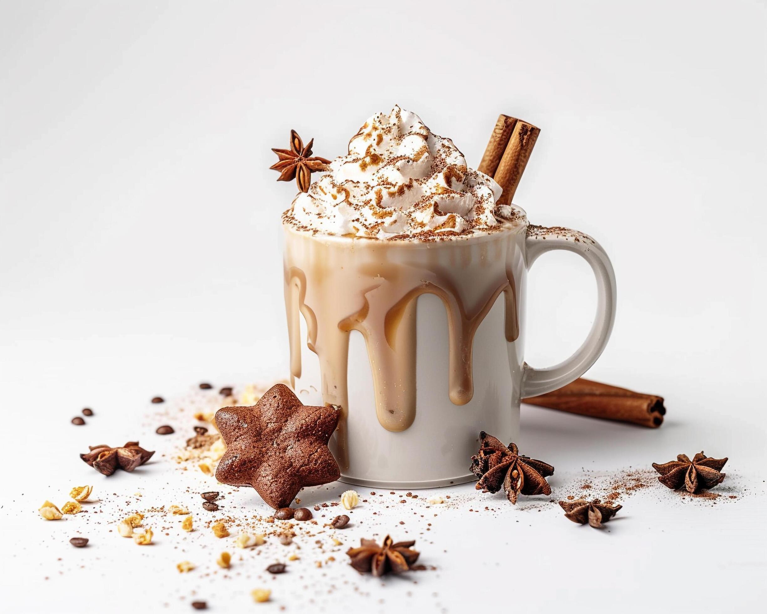 a hot drink with cinnamon and star anise on a white background Stock Free