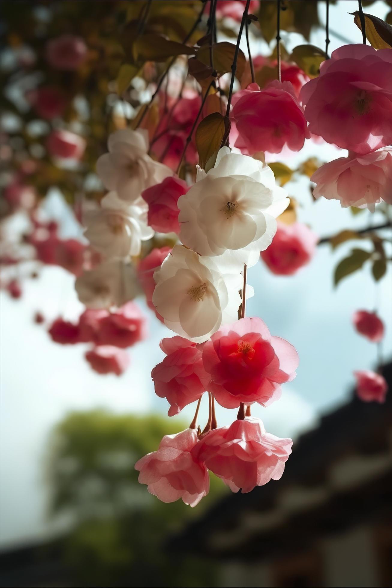 Spring, super real many pink and white silk crabapple flowers hanging on the shelf, pink and white petals, blue sky, generat ai Stock Free