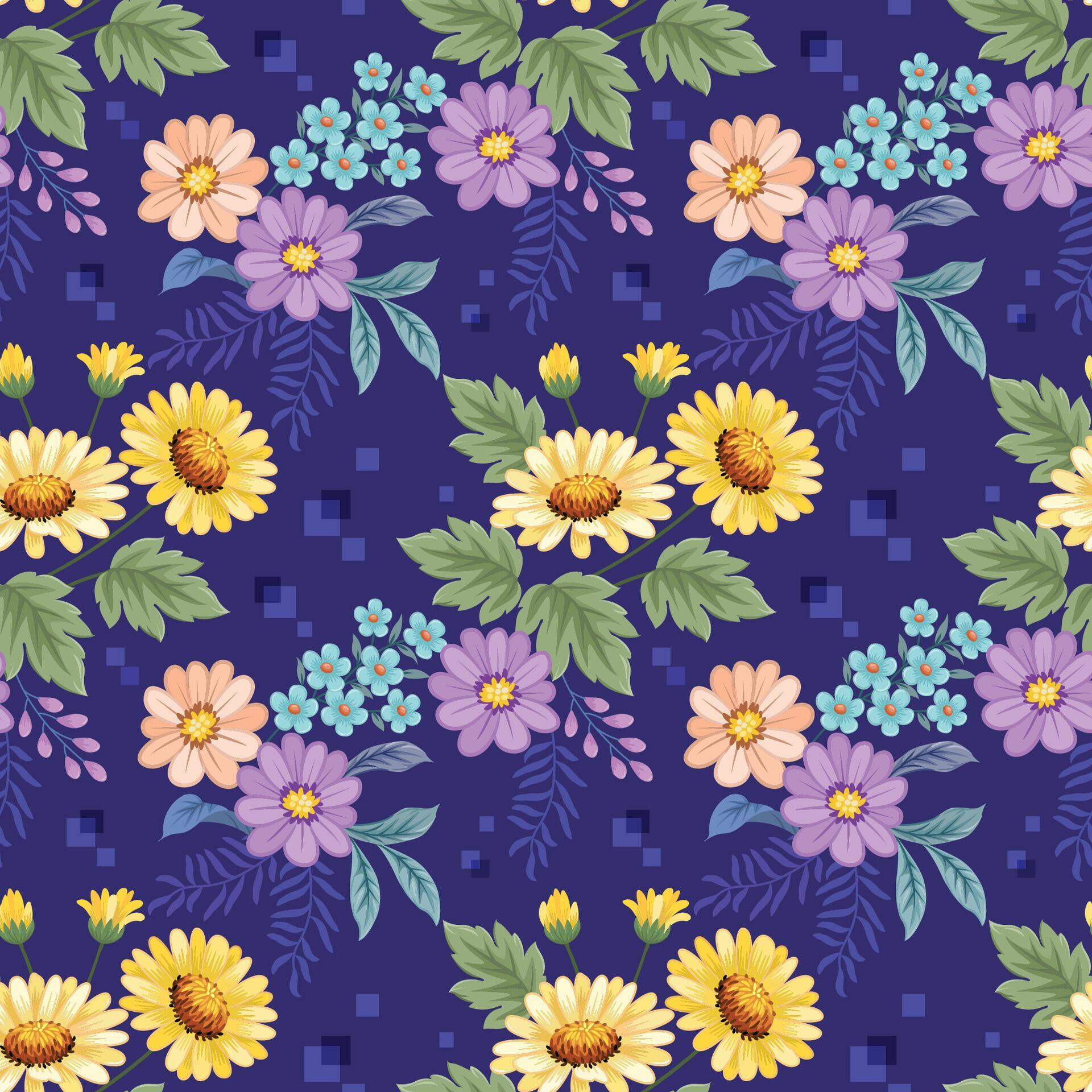 Beautiful blooming flowers on blue color background seamless pattern. Stock Free