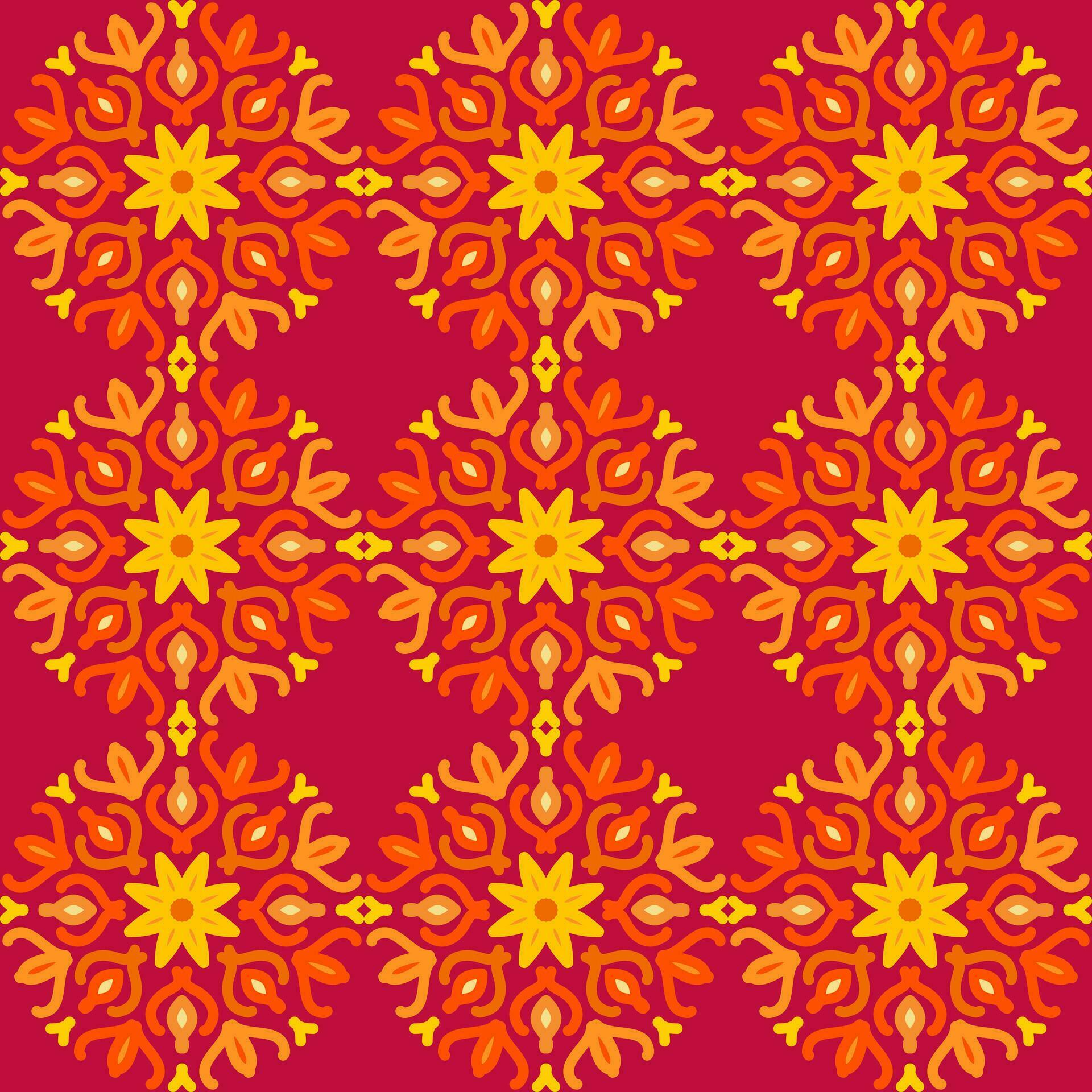 seamless pattern yellow red soft rose maroon vintage floral flower mandala interior flat design burgundy background vector illustration Stock Free