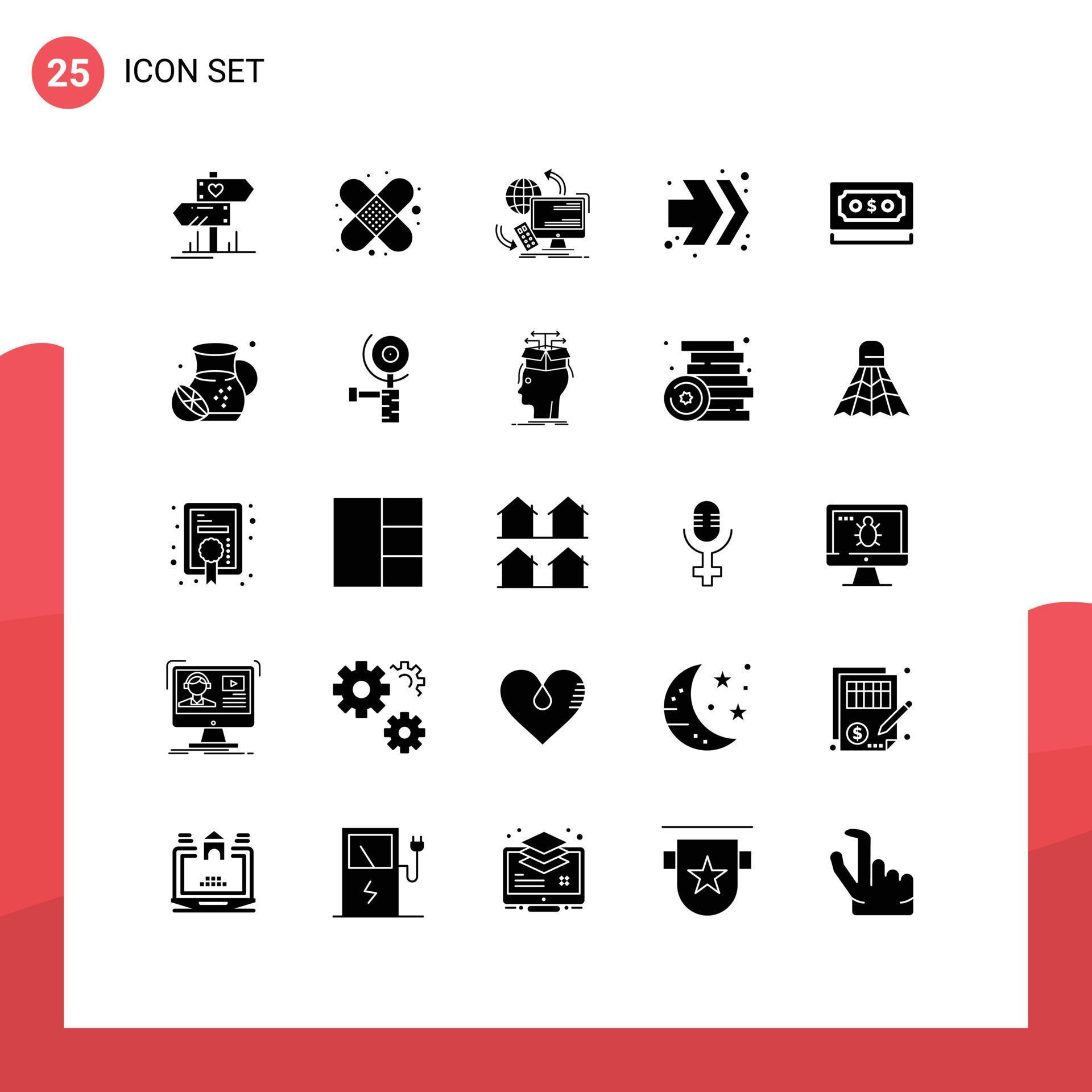 Group of 25 Modern Solid Glyphs Set for payment dollar control right arrows Editable Vector Design Elements Stock Free