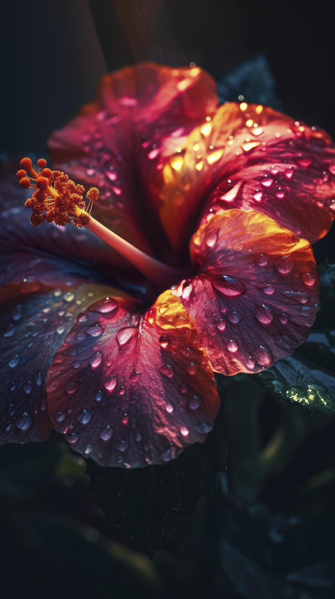 hibiscus flower with water drops with random background, sun rise, Generate Ai Stock Free